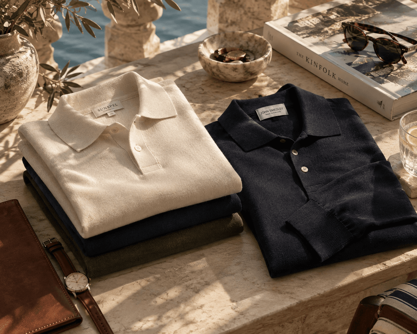A luxury menswear flatlay on a sunlit travertine stone tabletop overlooking blue water. A stack of fine knit long-sleeve polo shirts includes off-white, dark navy, and olive green colors alongside an unbuttoned navy knit polo shirt. Surrounding lifestyle accessories feature a hardbound coffee table book, tortoiseshell sunglasses, a small marble bowl, a leather notebook, a brown leather-strap watch, a glass of water with lemon, and a potted olive branch.
