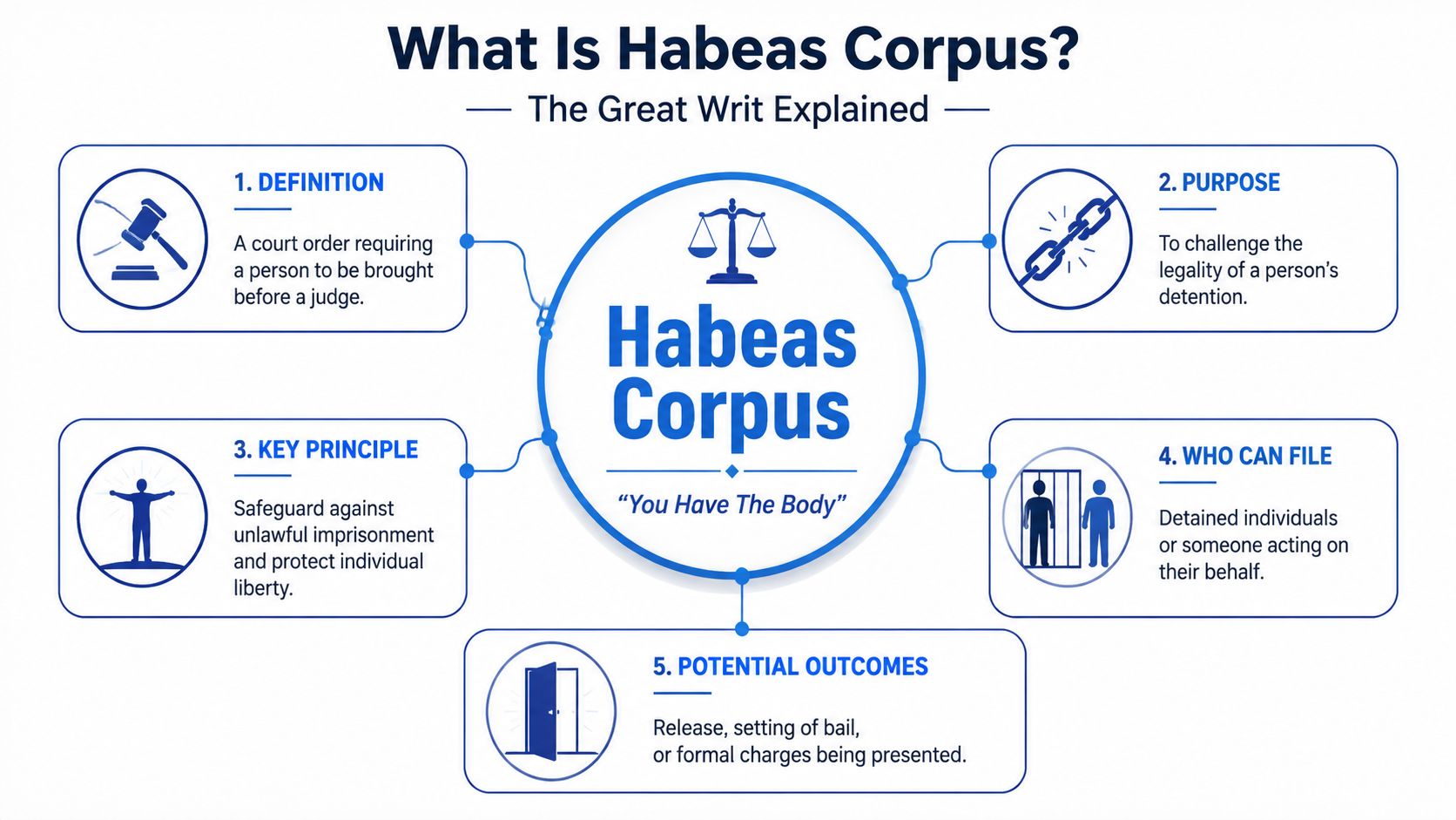 An infographic titled What Is Habeas Corpus explaining the definition, purpose, principles, filers, and potential legal outcomes.