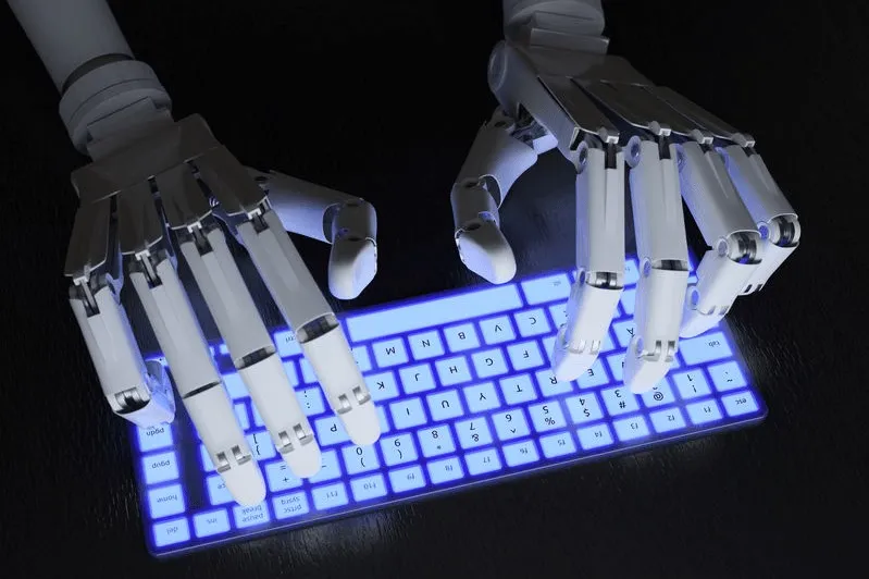 Futuristic humanoid robot with a sleek metallic body and glowing blue eyes, standing in front of a digital interface, representing advanced AI technology and innovation.