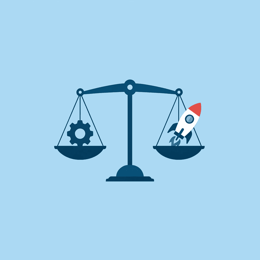 Balance scale comparing completeness on one side against speed on the other side