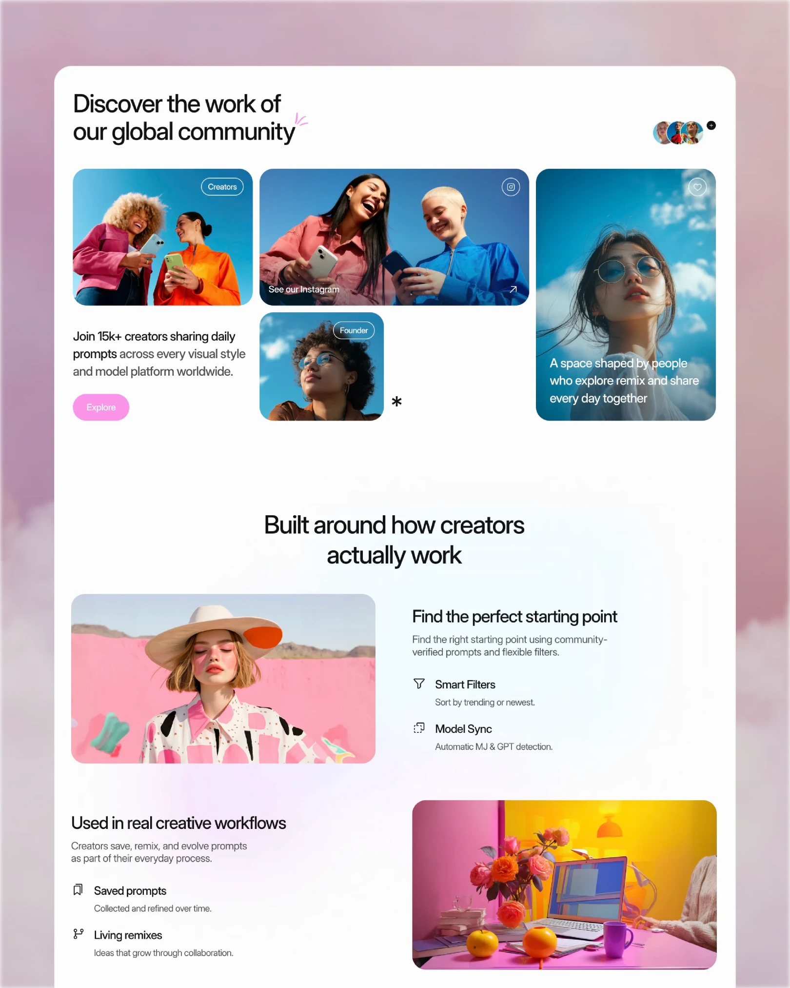 Aesthetica community section with global creator imagery and creative workflow features — web design by Luna UI design studio