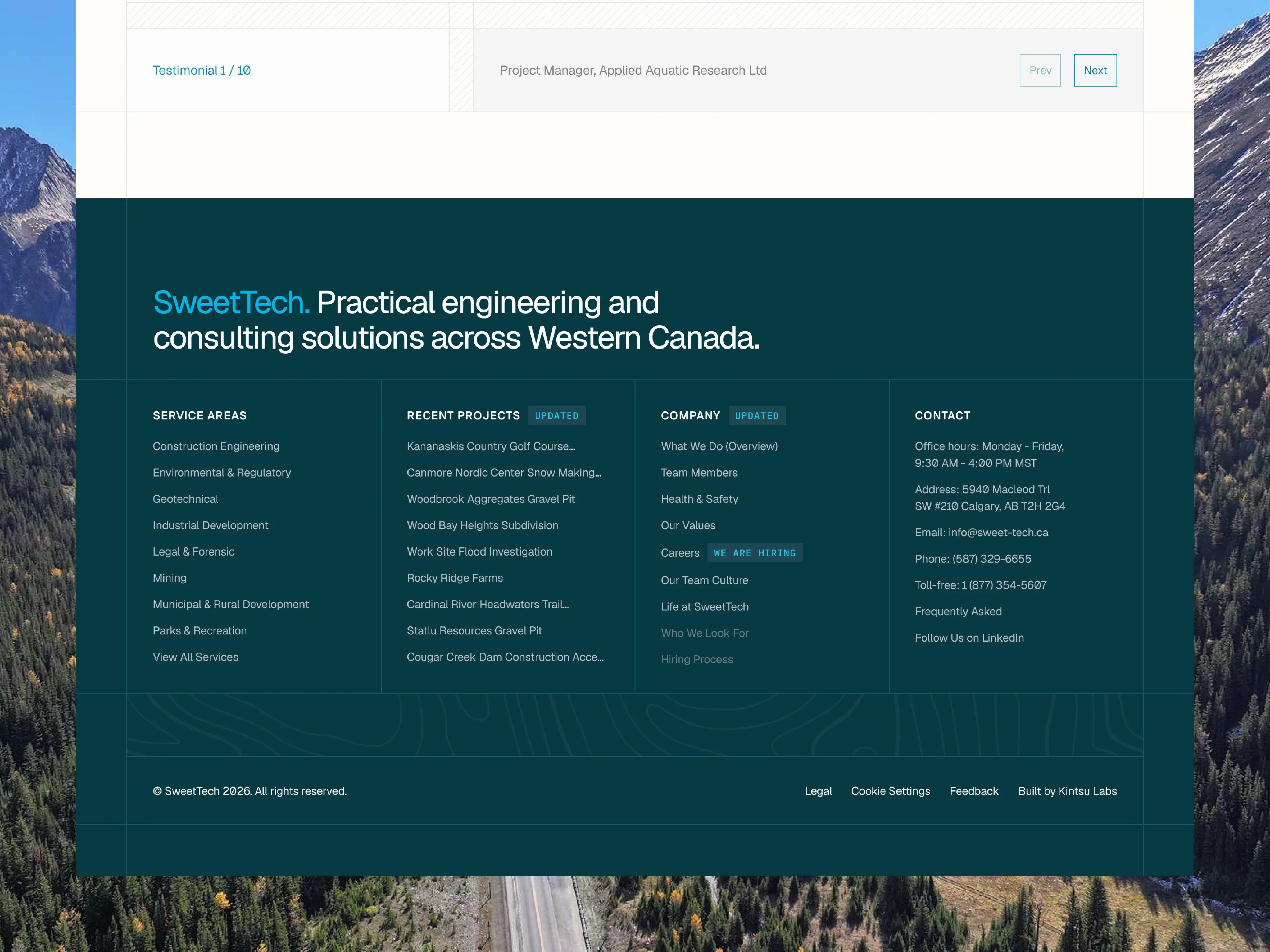 SweetTech footer with service, project, company, and contact link columns over a mountain photo.