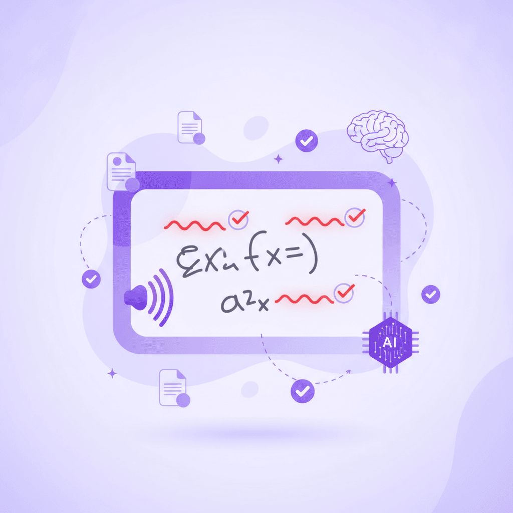 A digital canvas showing a handwritten math problem with red AI corrections and a voice waveform icon