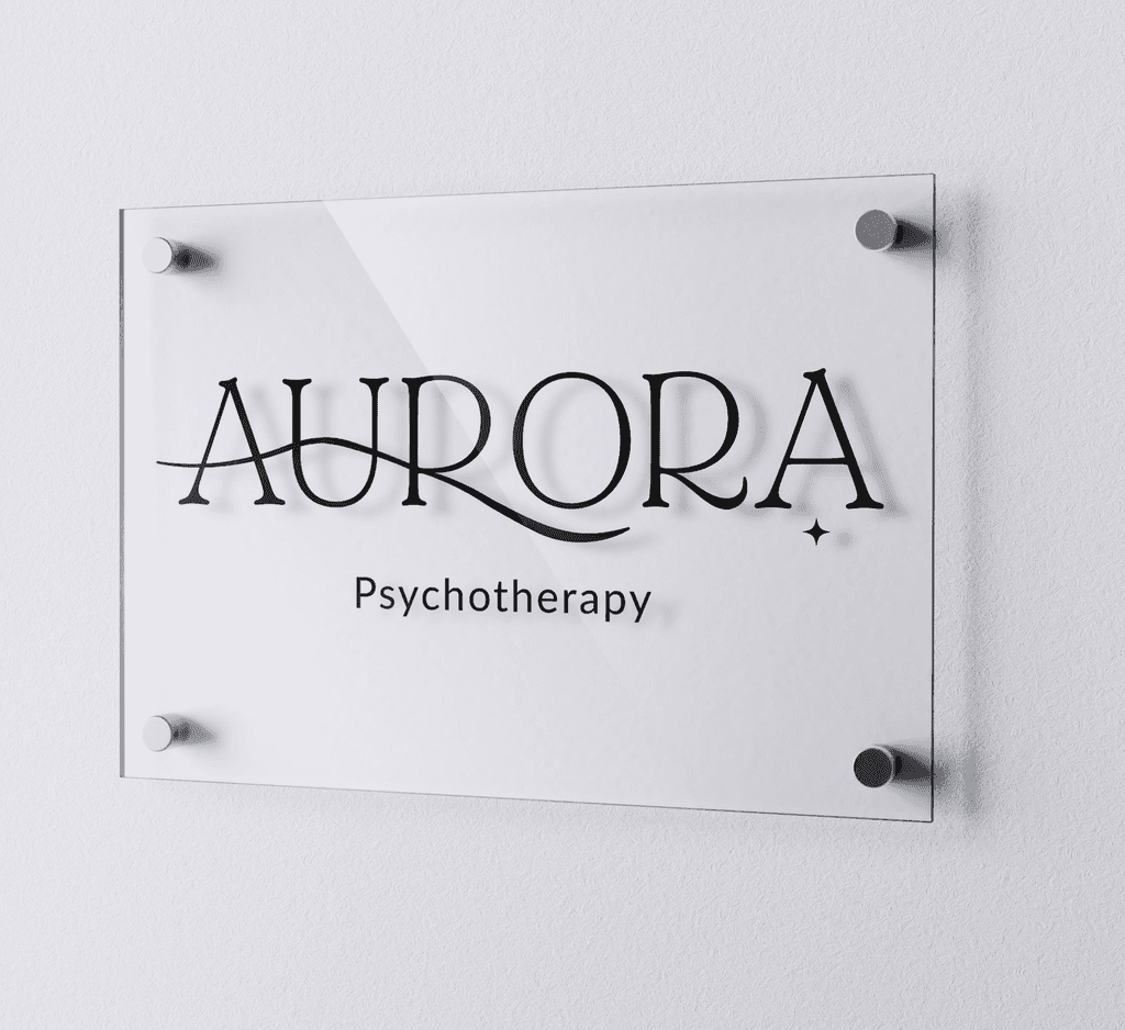 Aurora Psychotherapy office sign featuring primary logo