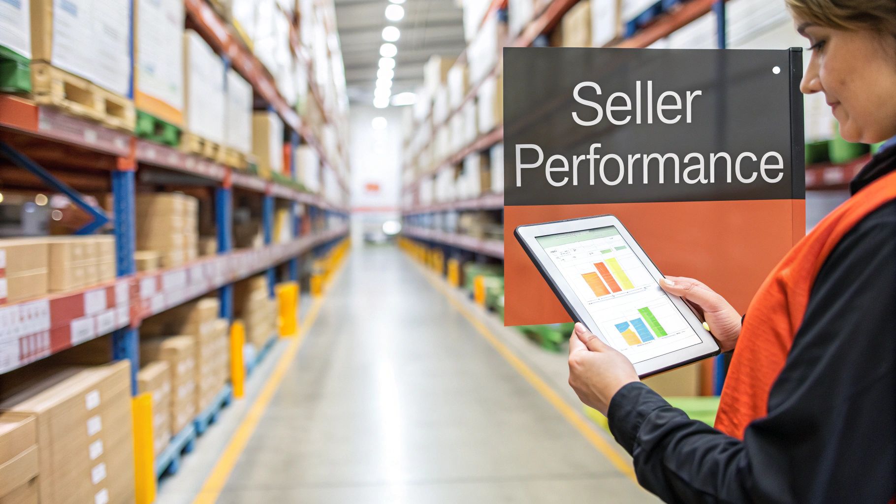 A person in a warehouse reviews seller performance data on a tablet showing charts.
