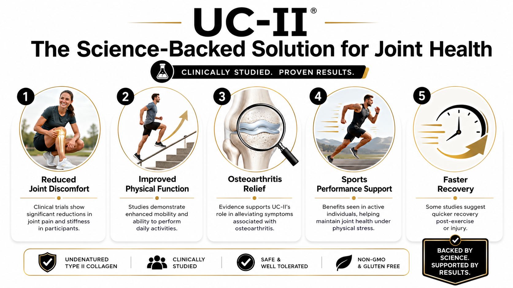 An infographic showing five key benefits of UC-II undenatured type II collagen for joint health and recovery.
