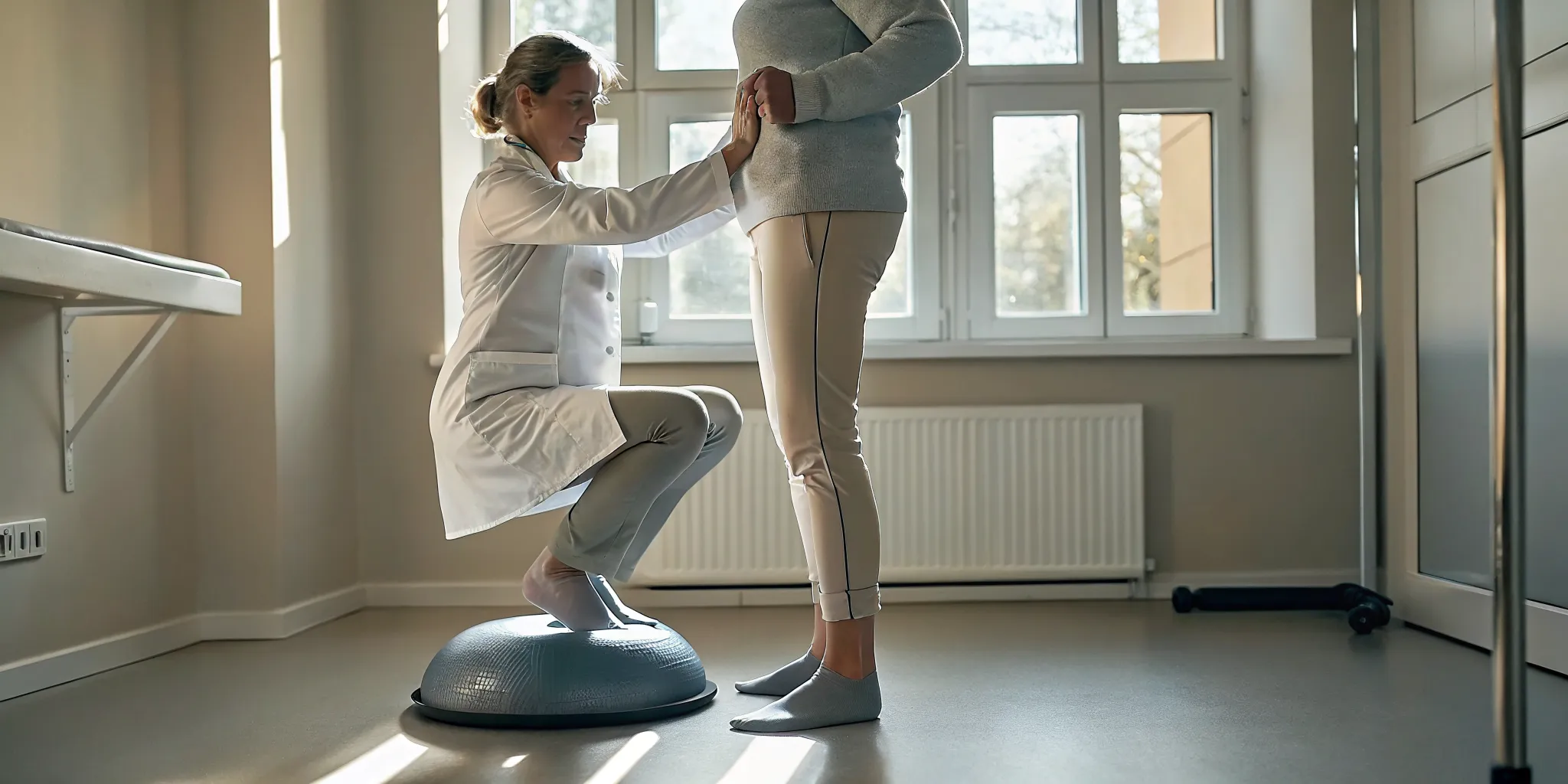 Podiatrist guiding an adult patient through balance exercises for foot and ankle rehabilitation
