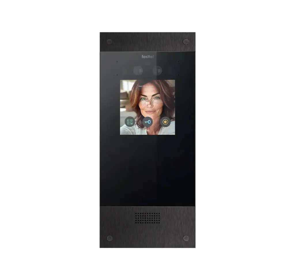 Black smart home device with screen showing time and temp
