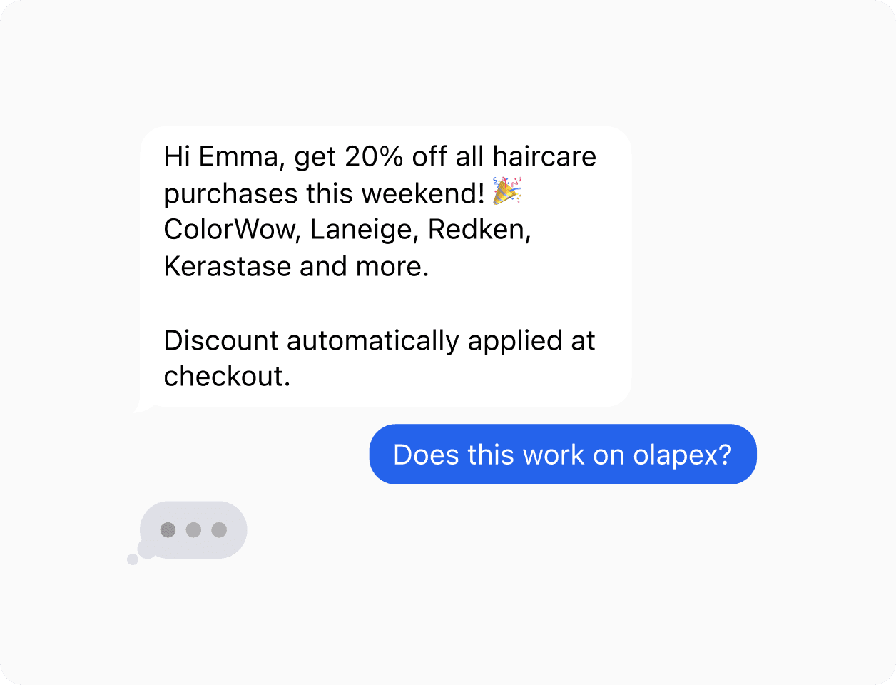 A conversation in a messaging app shows a promotional text offering 20% off on haircare products.