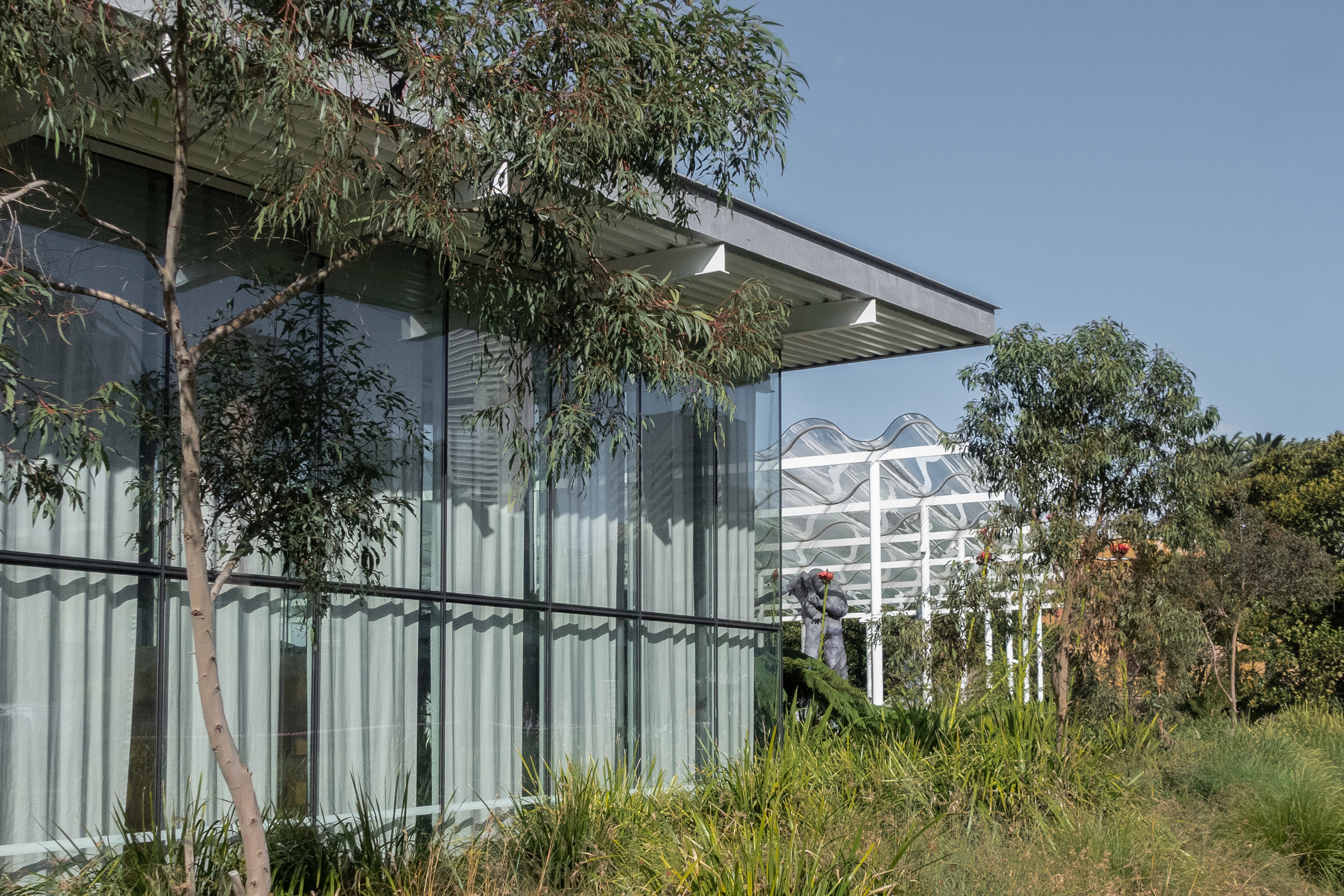 Sydney Modern's architecture extends beyond the gallery walls. Glass pavilions sit lightly within a landscape of native planting, reinforcing SANAA's vision of a cultural institution that feels connected to its surroundings rather than separated from them.