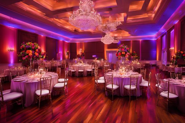 A beautifully decorated wedding reception room illuminated with vibrant LED uplighting in shades of blue, purple, and pink, creating a warm and celebratory ambiance.