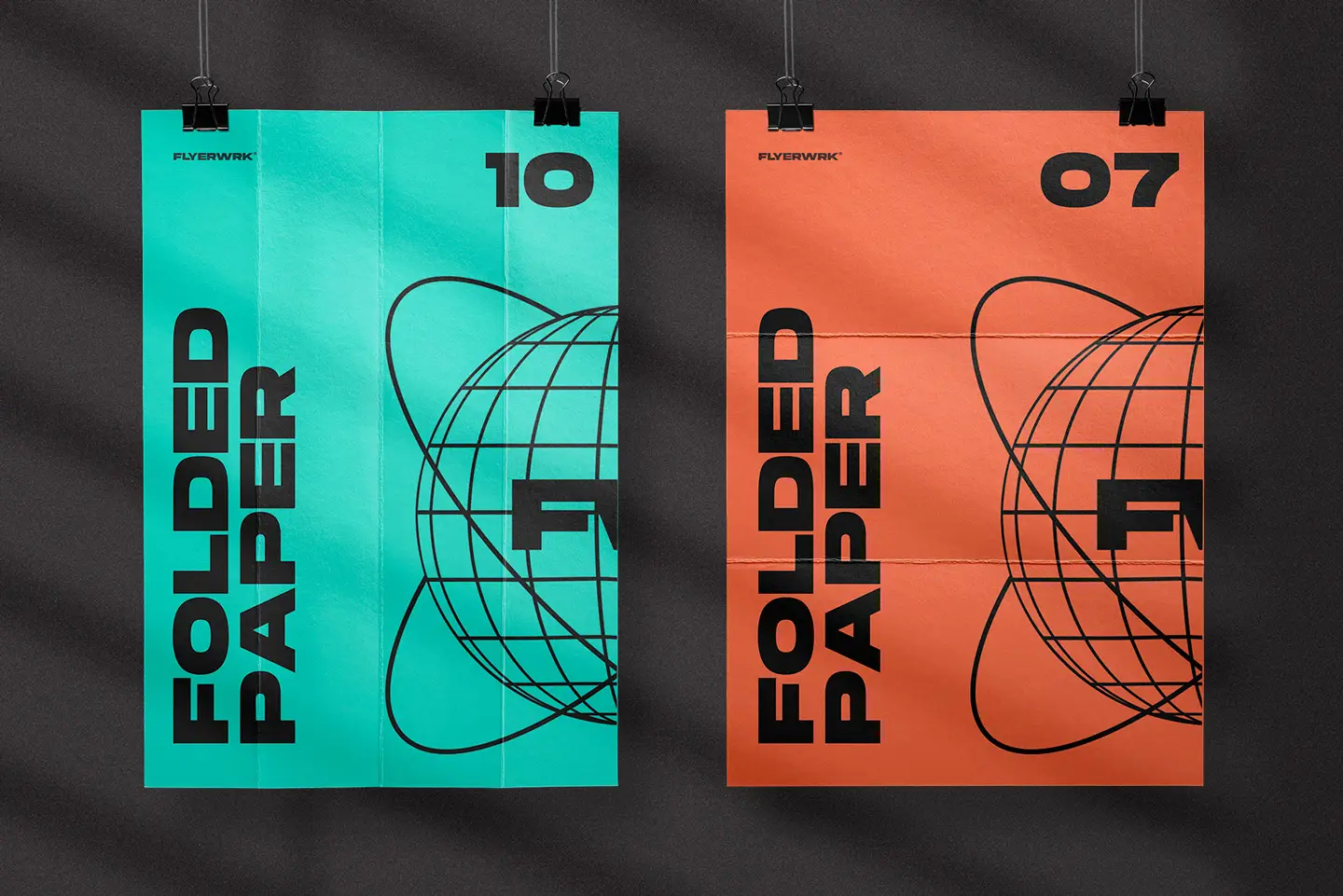 Folded paper sheets used as hanging poster mockups featuring realistic vertical and horizontal crease lines