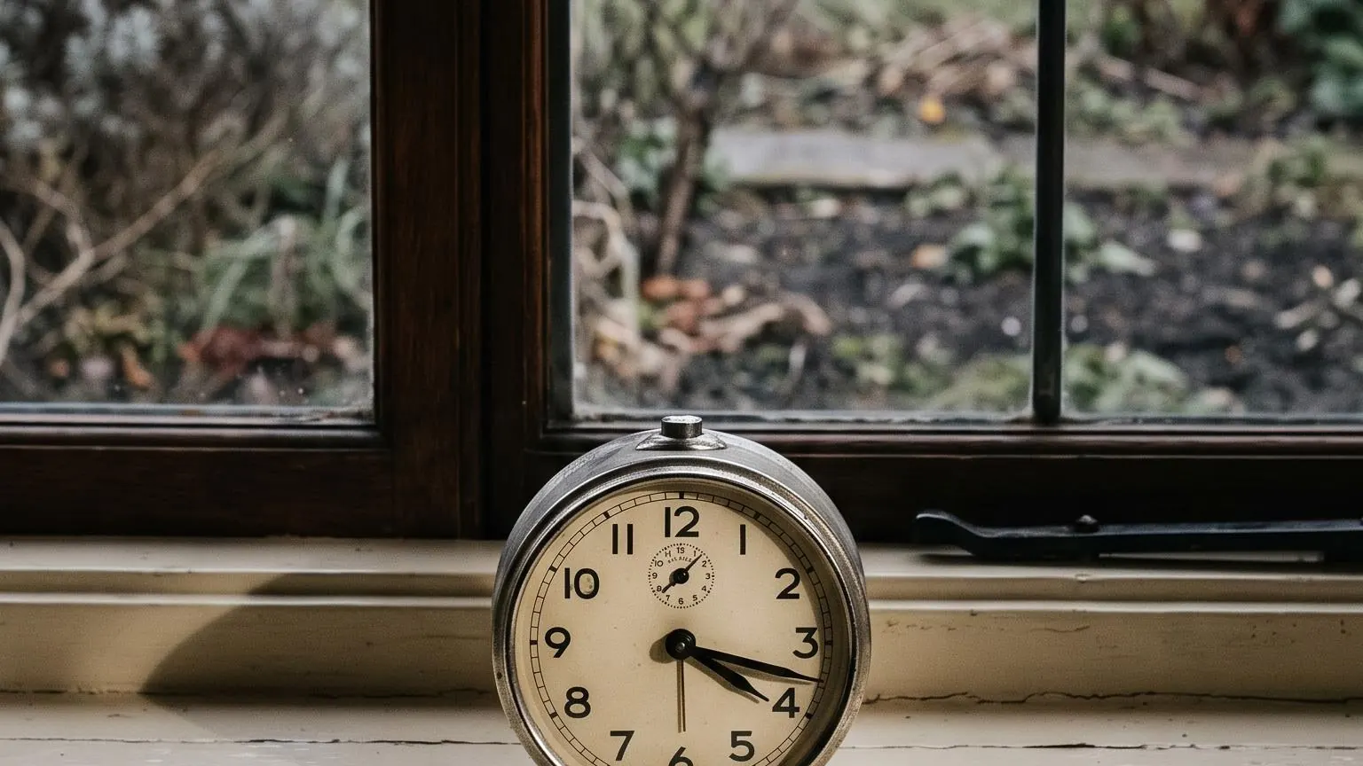 A wind-up alarm clock on a painted windowsill in low winter light, long shadows across the paint