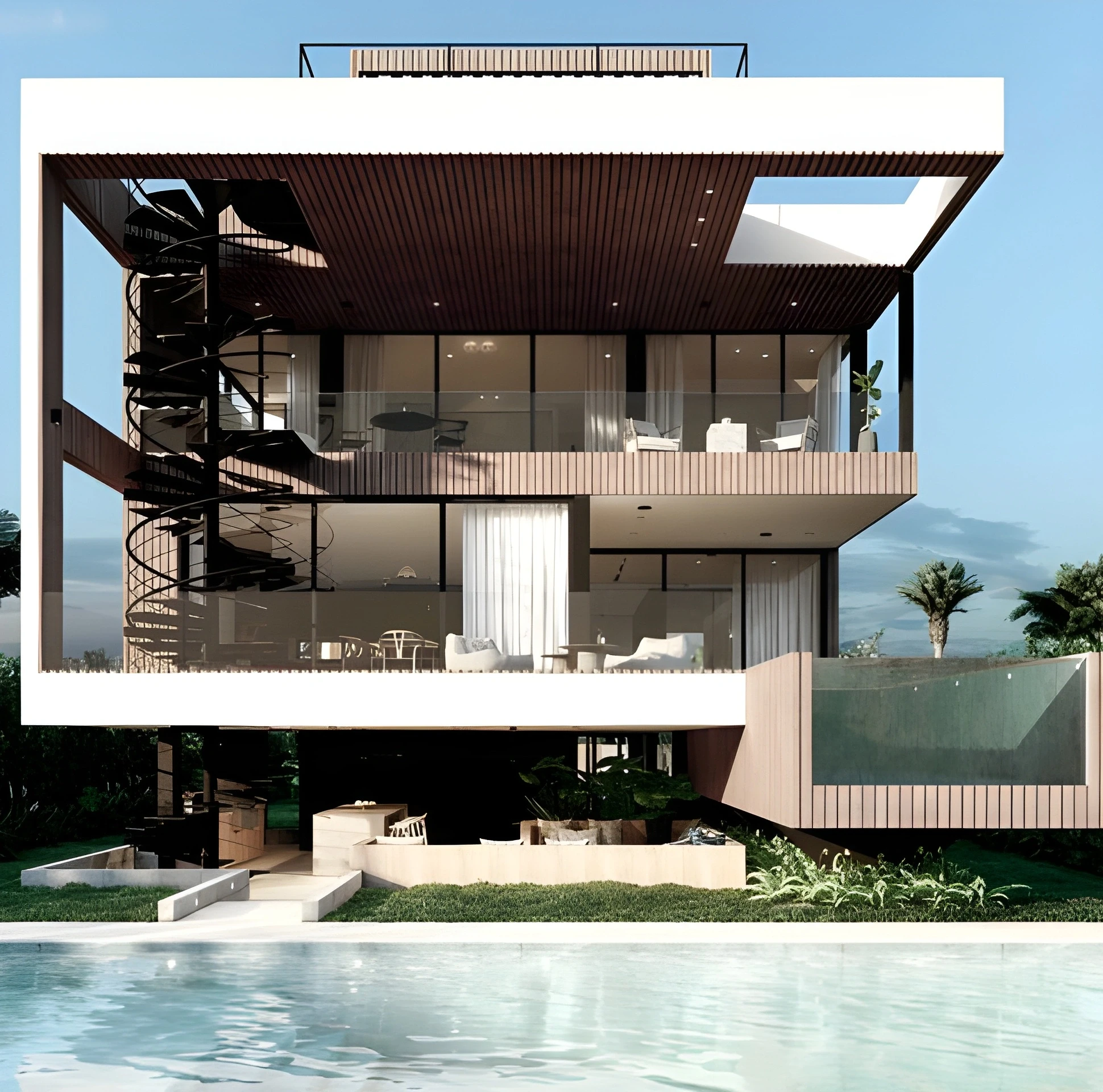 Rear view of a modern Miami home showing an exterior black spiral staircase, full-height glass walls revealing open-plan interiors, wood slat ceiling soffits, and an infinity pool in the foreground.