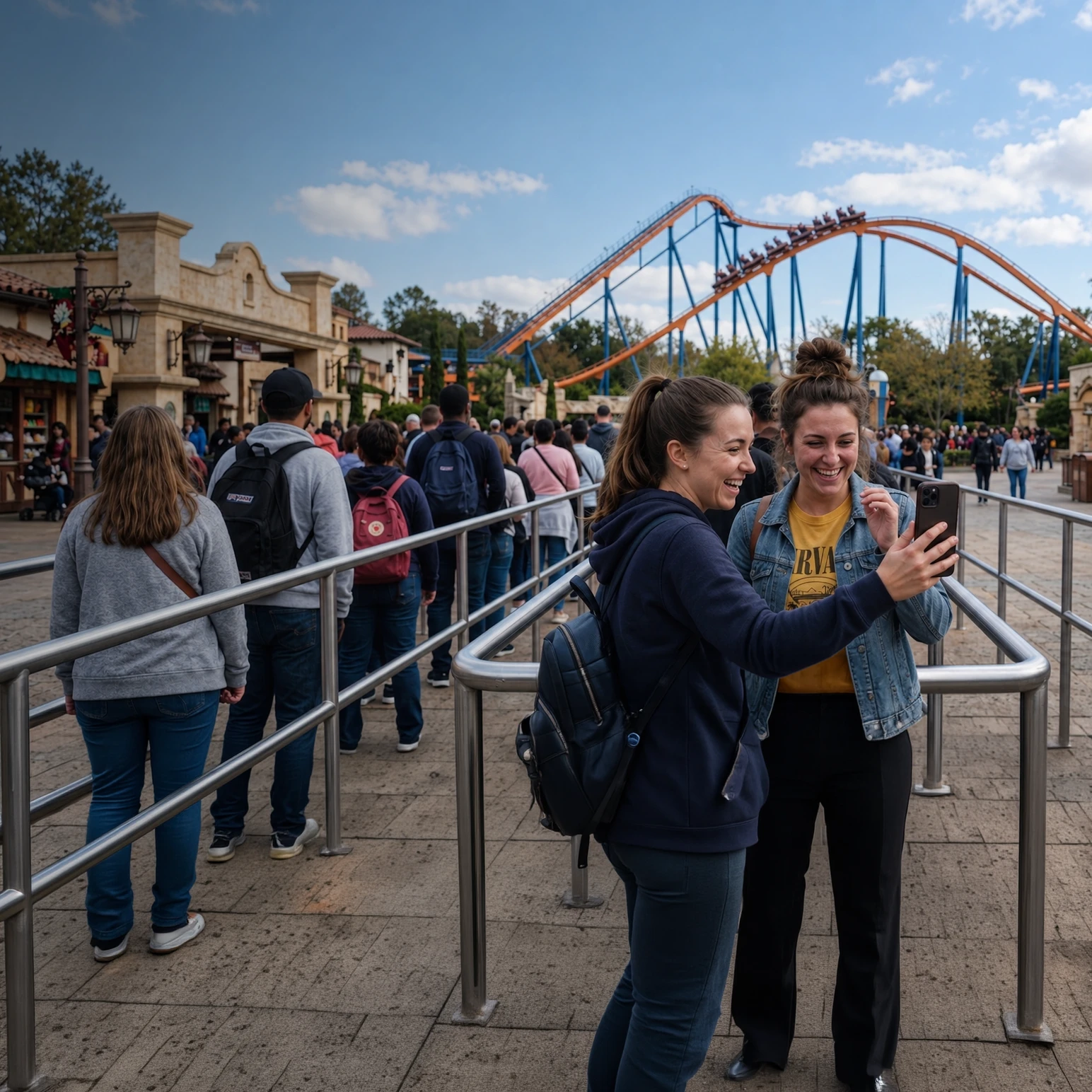 Two guests laughing at a phone at the entrance to a theme park queue, with a roller coaster behind them