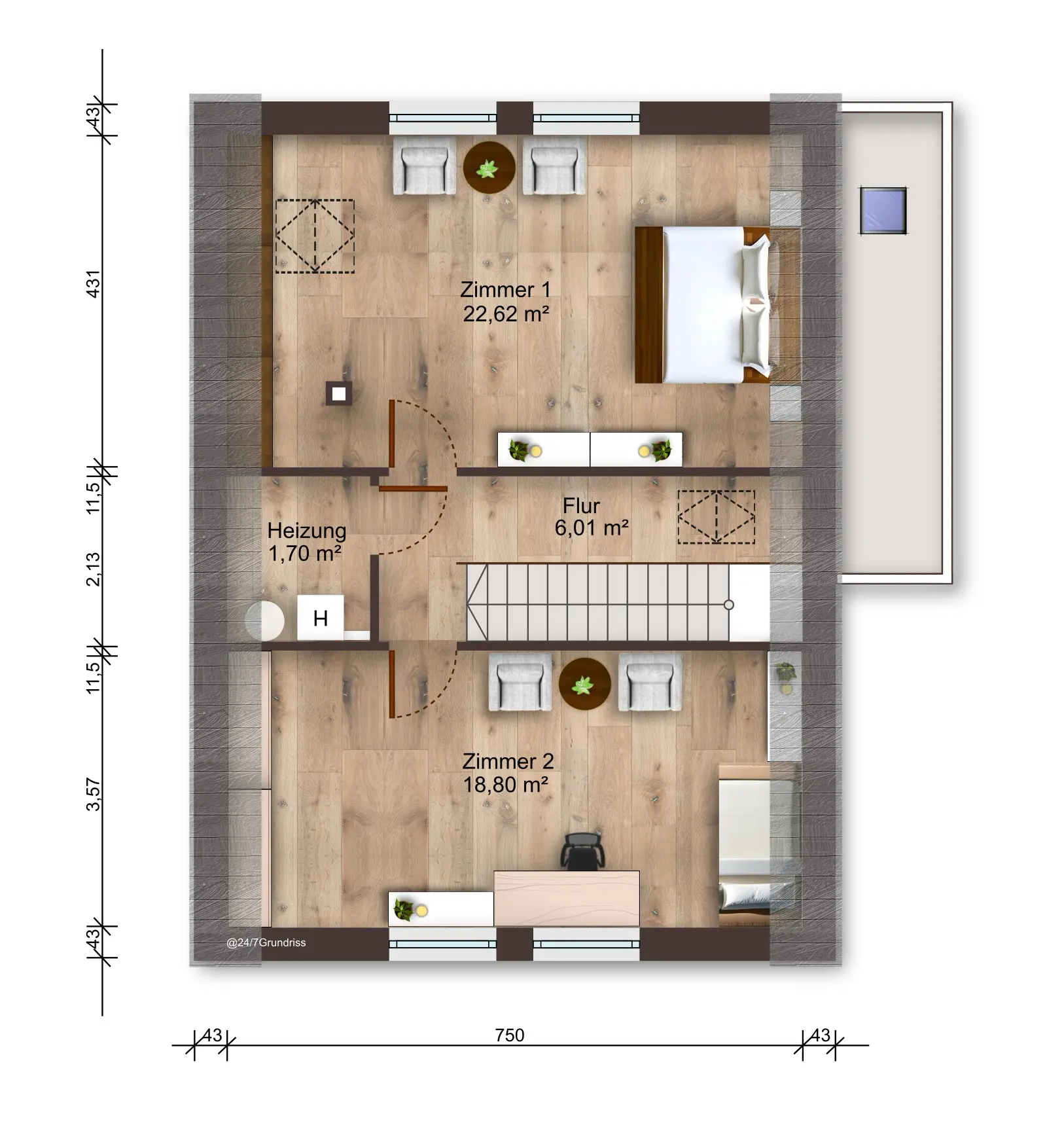 Visualisierter Grundriss des Dachgeschosses mit zwei Zimmern, Flur und Heizungsraum