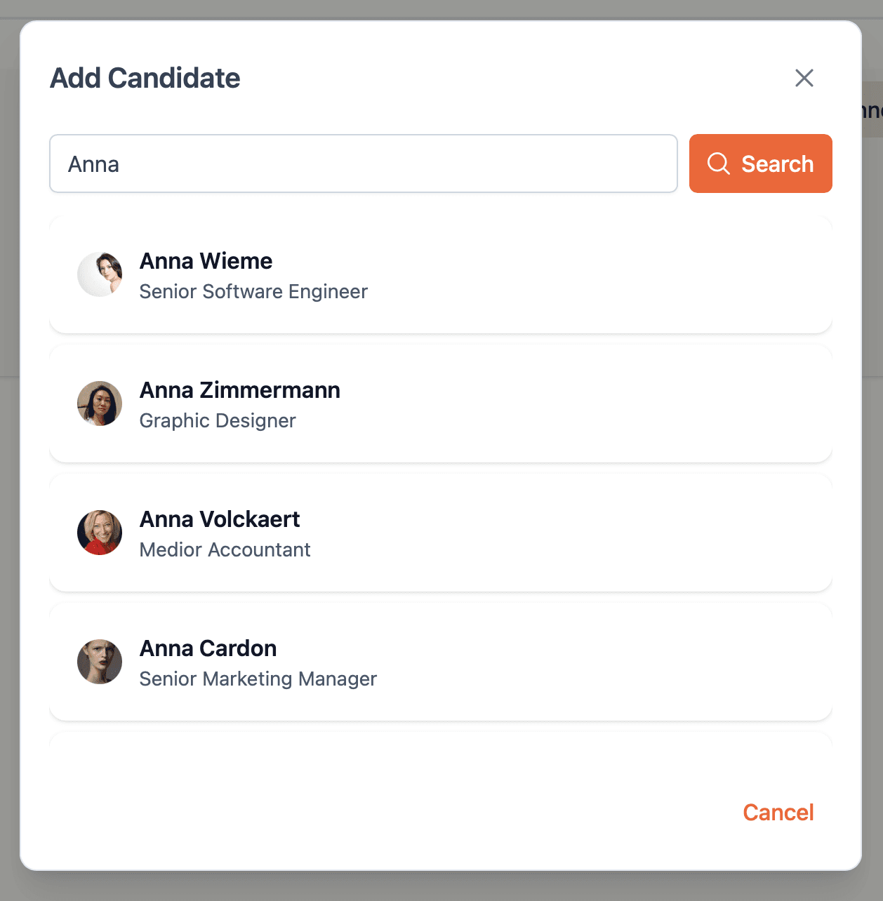Screenshot of the 'add candidate' popup