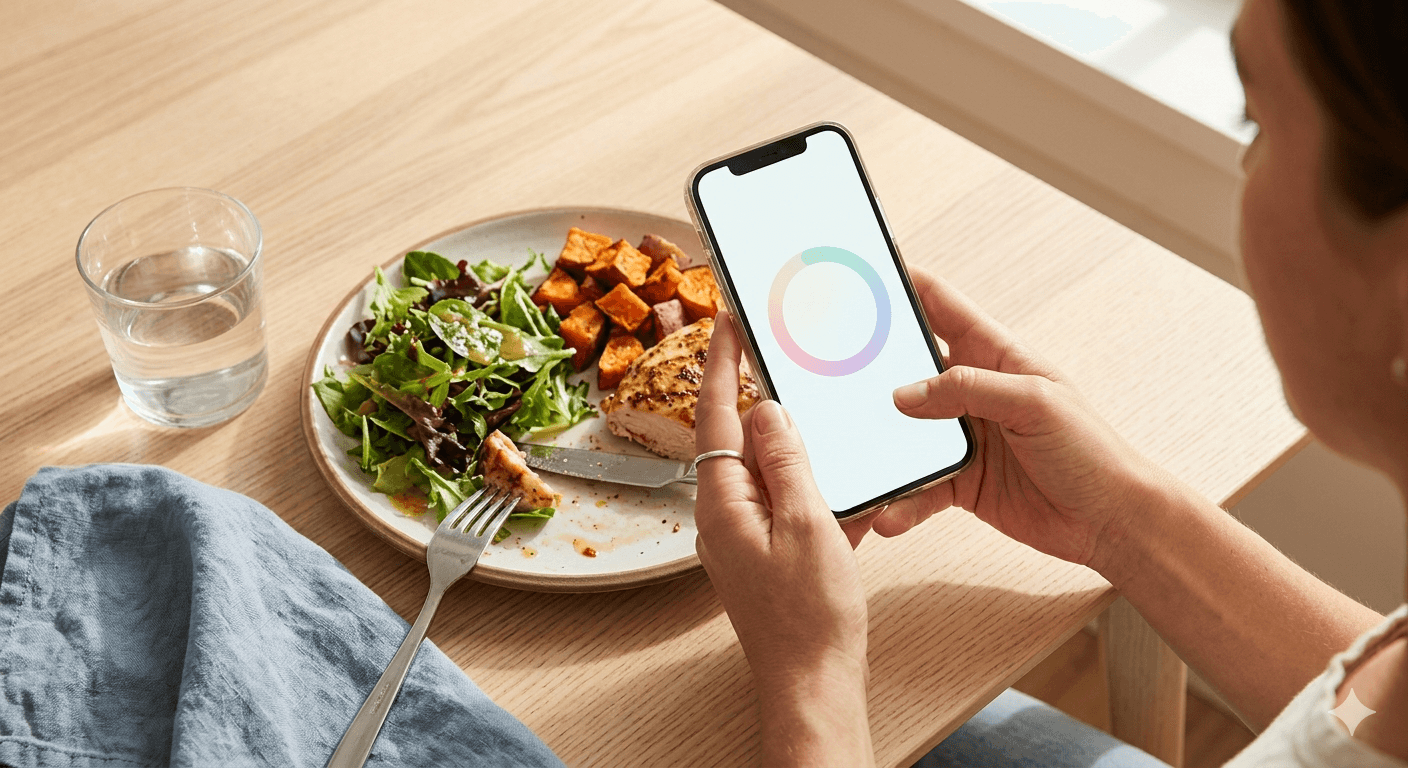 Hands holding phone with clean app interface beside a real meal — intuitive eating app in practice