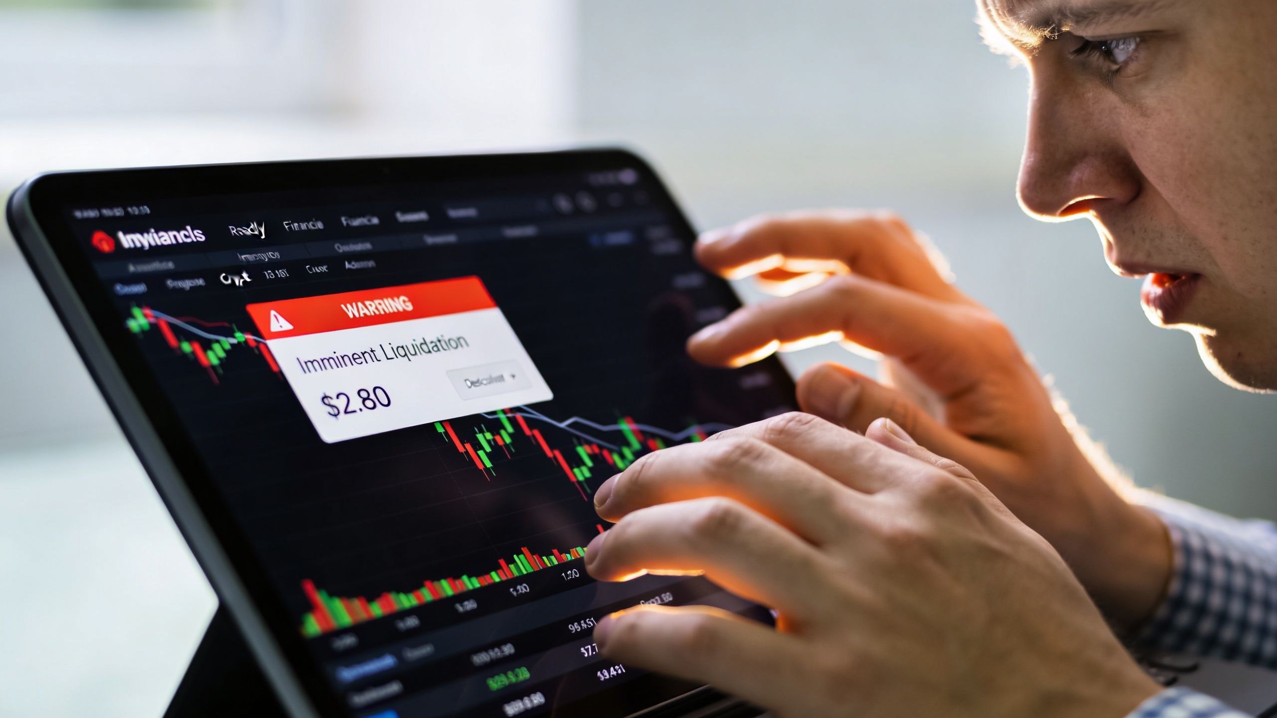 A concerned person looks at a tablet screen displaying an imminent liquidation warning on a financial trading chart.