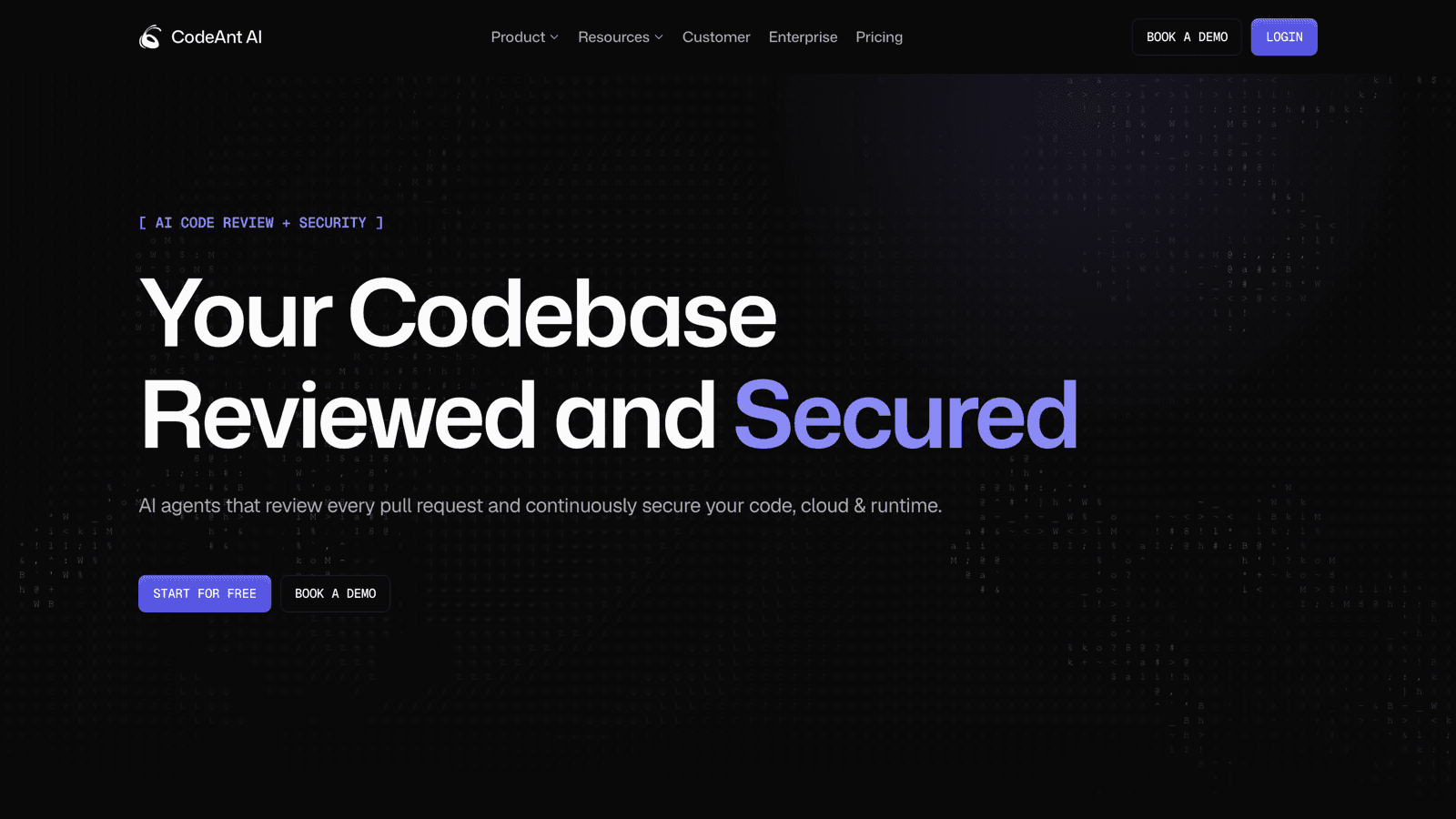 CodeAnt AI homepage showing the AI code review and security platform with the headline Your Codebase Reviewed and Secured