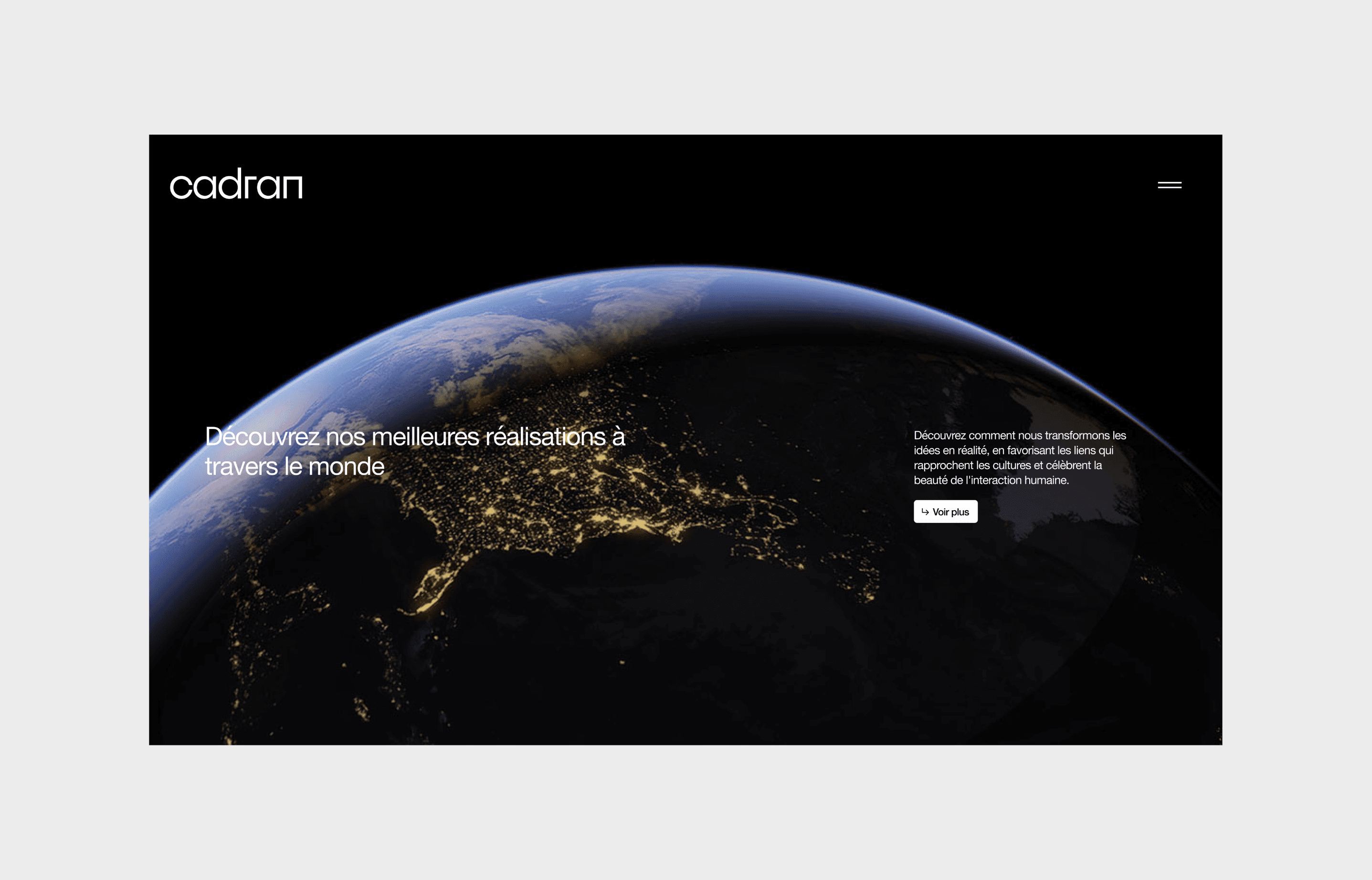 Page web de Cadran montrant une vue nocturne de la Terre depuis l'espace, illustrant les réalisations internationales de l'entreprise.