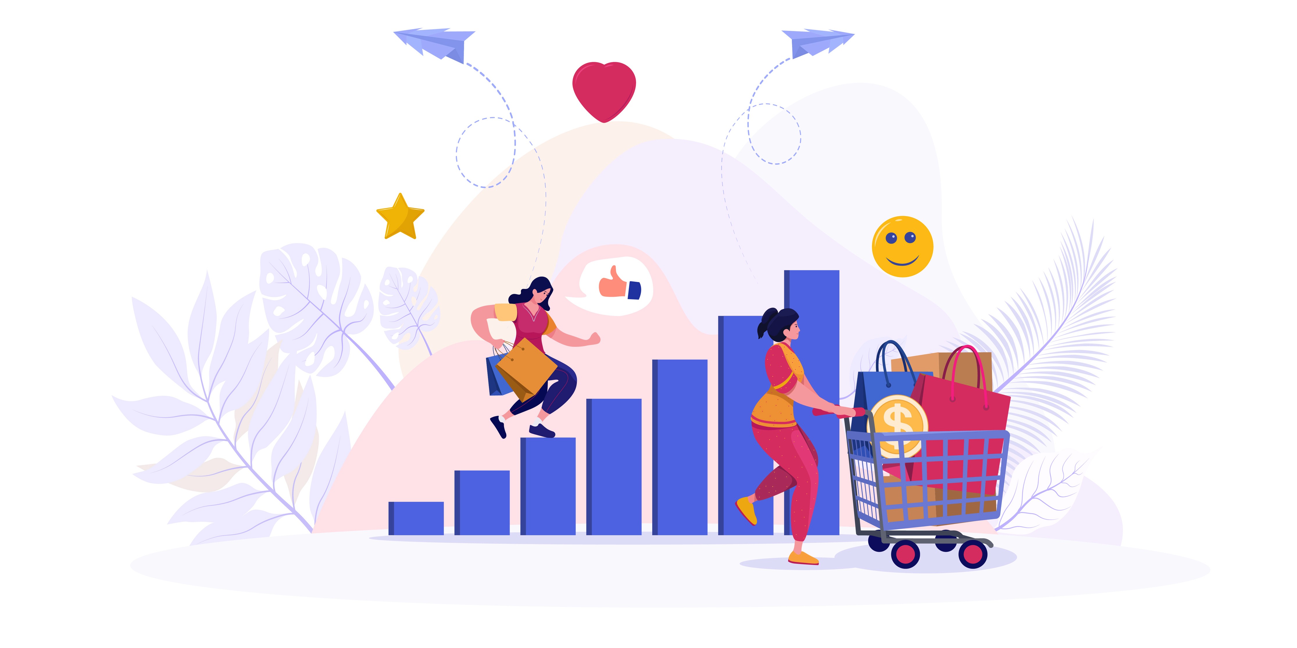 Flat illustration of two shoppers with rising bar chart, likes, and cart icons representing influencer-driven e-commerce growth