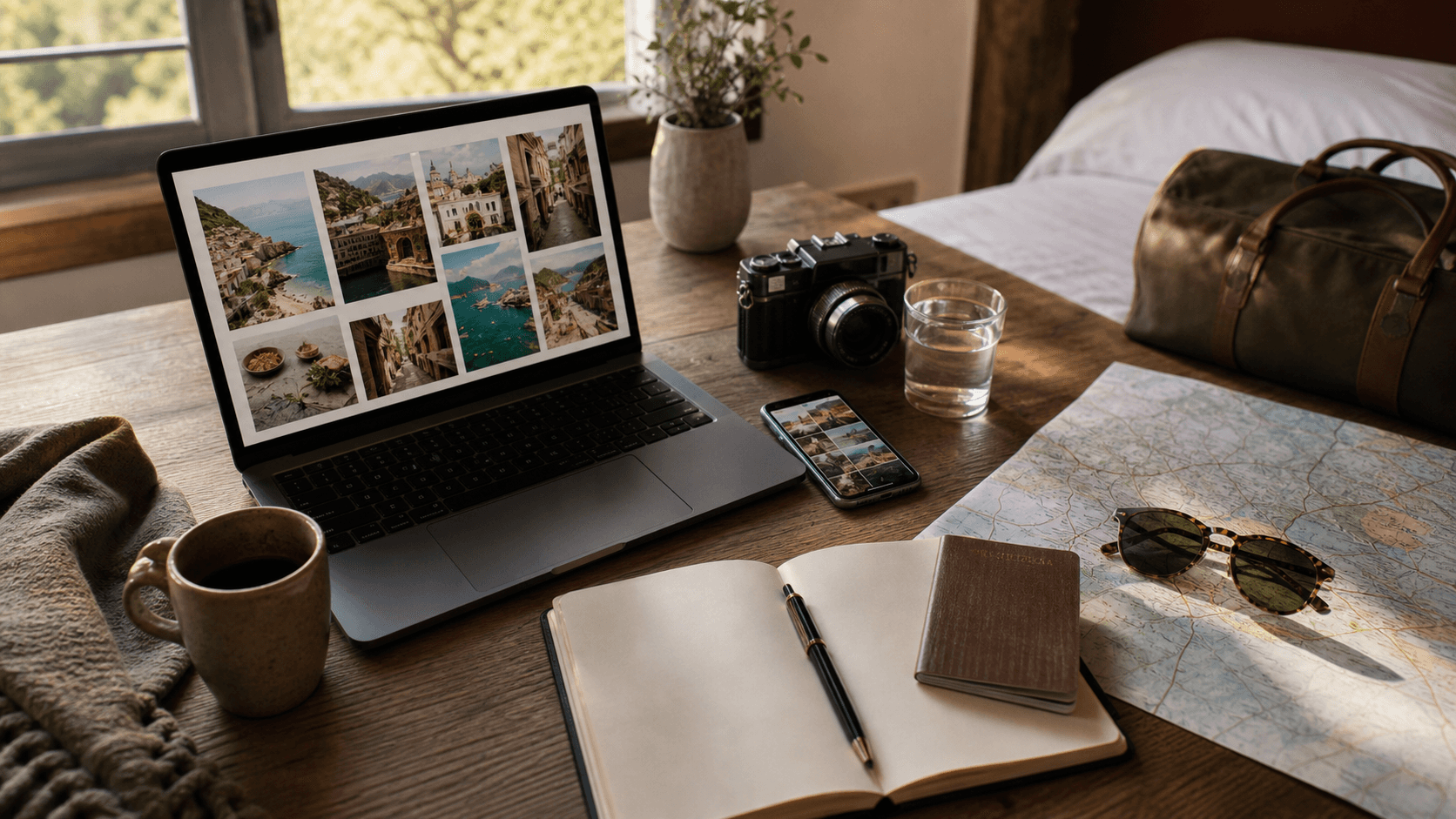 A weekend trip planning desk with a laptop, map, notebook, camera, and bag