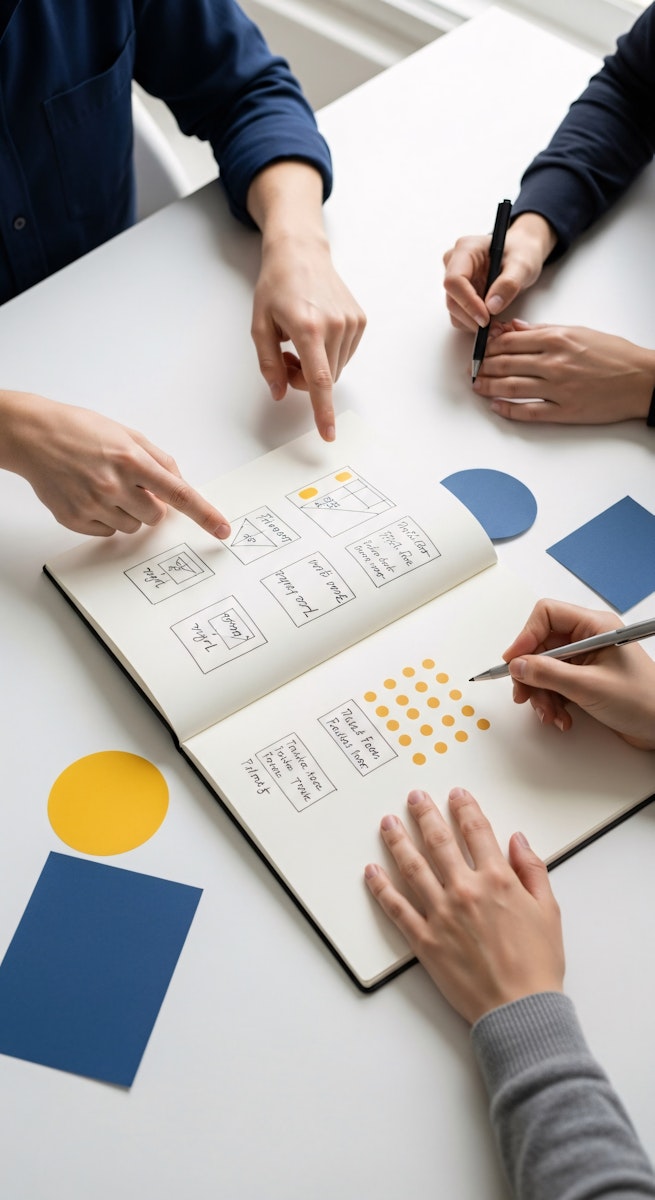 Hands pointing at a notebook with diagrams and sticky notes.