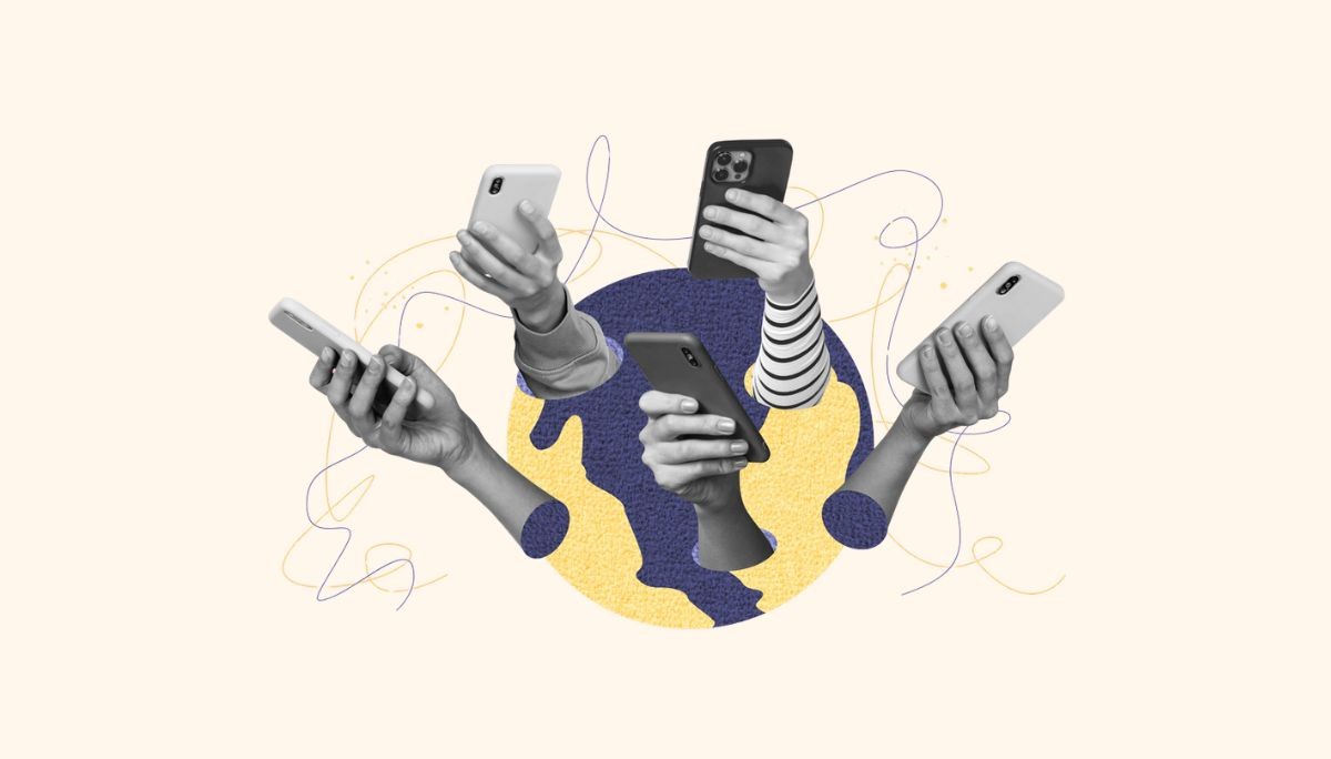Collage of multiple hands holding smartphones around a stylized globe, symbolizing global connectivity and native mobile app development.