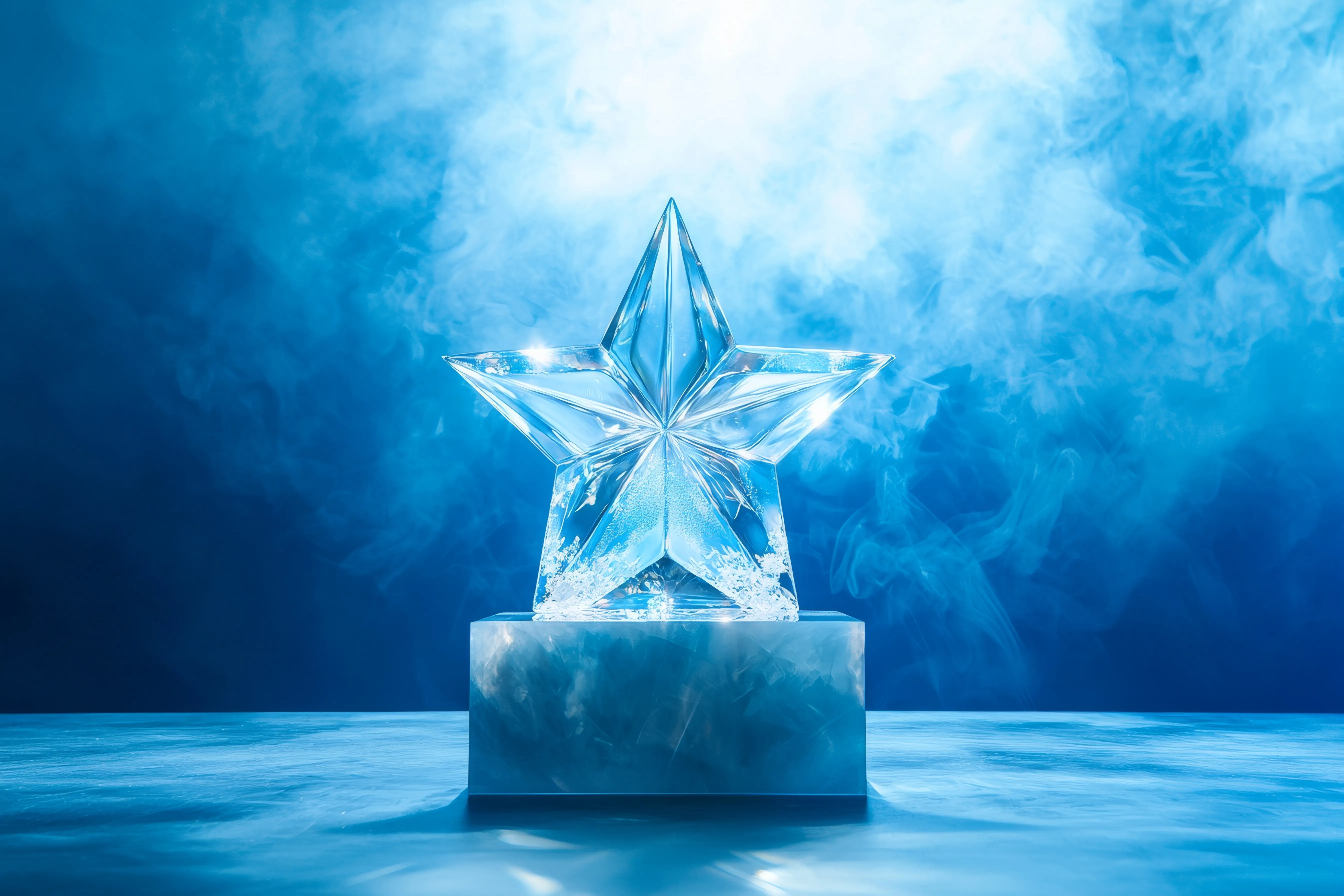 A glowing crystal star trophy on a dark blue marble base representing ISSA membership and professional cleaning guidelines.