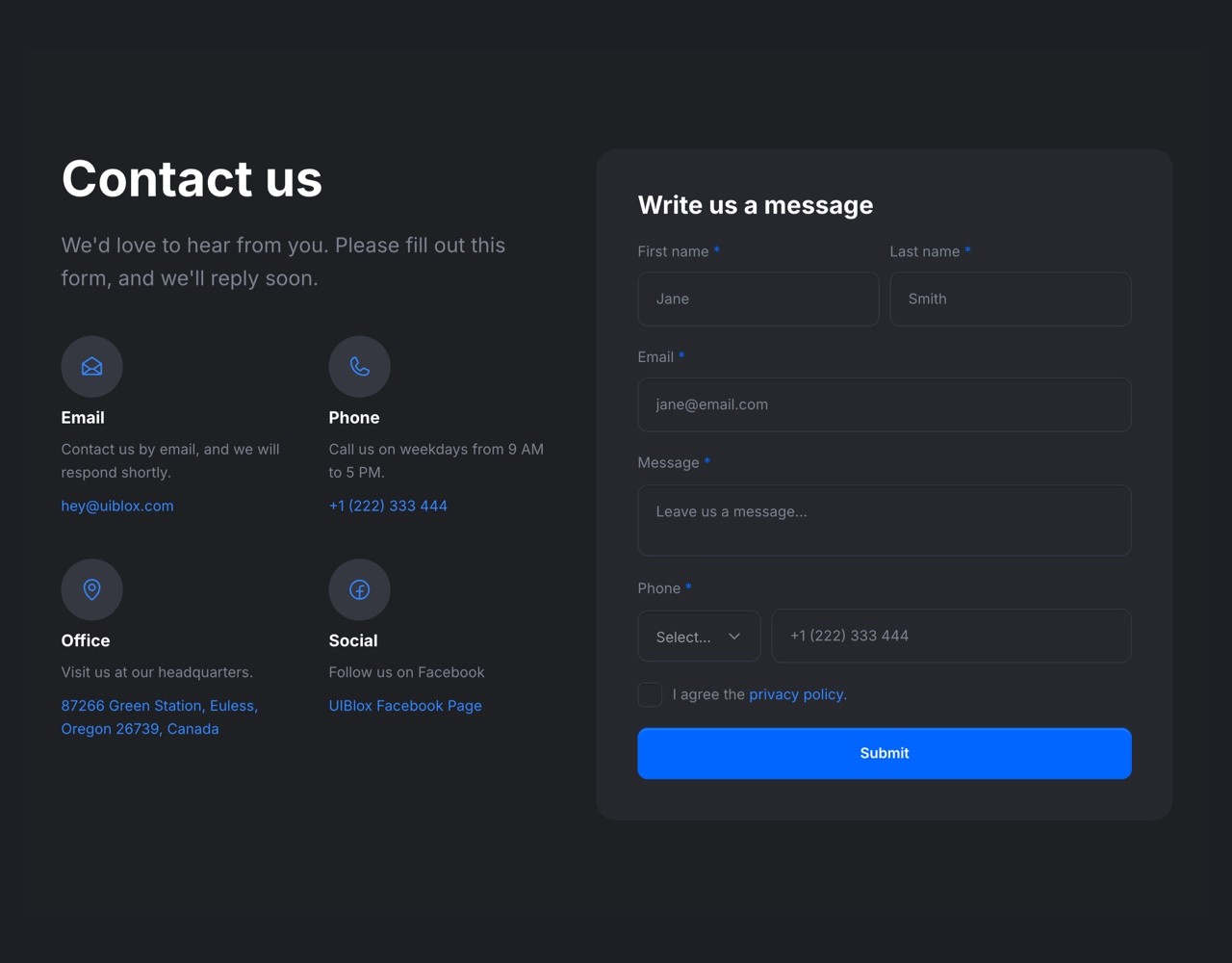 Framer Dark Contact Section - Frameblox UI