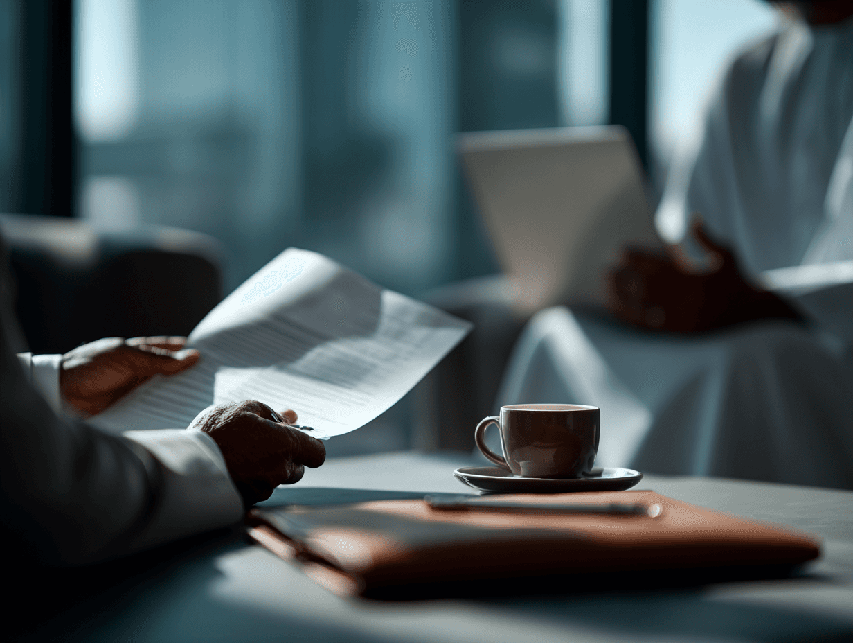 2 business men discussing contracts, papers with a cup of coffe on the table in front of them