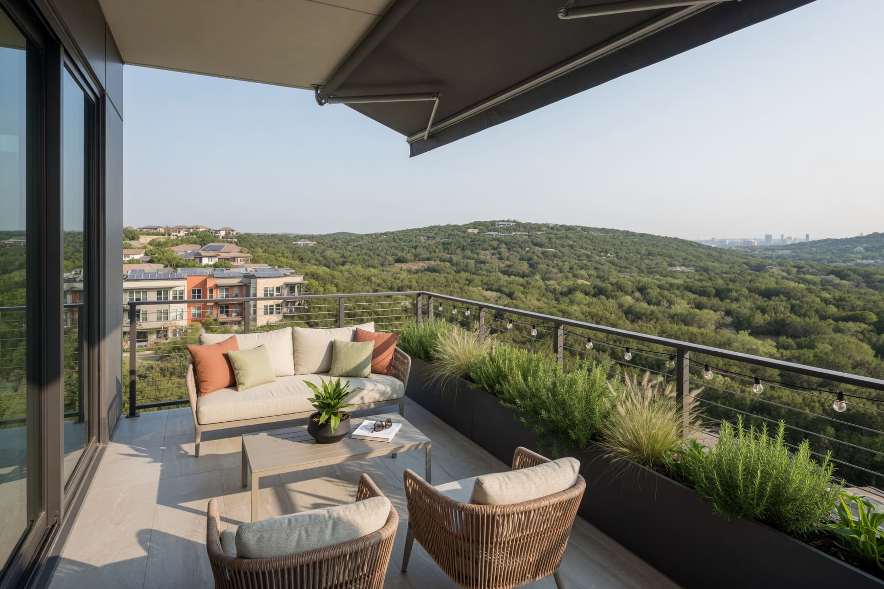 Rooftop terrace with outdoor seating and Austin skyline views