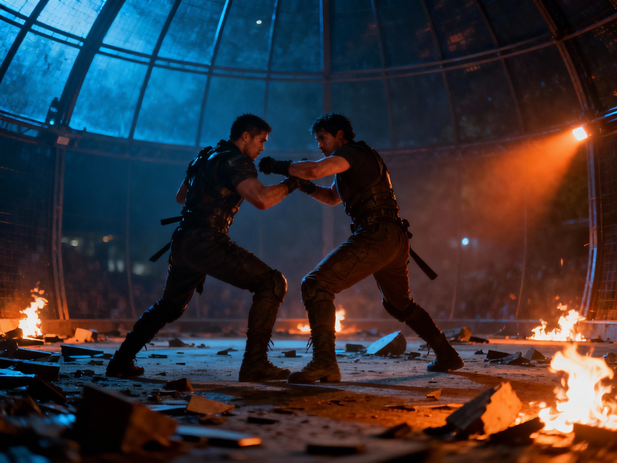 A moody nighttime composition inside a Hunger Games simulator dome, spotlighting two combatants