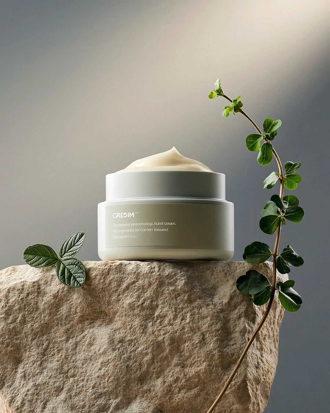 Open skincare jar with swirled cream on a textured stone, framed by leafy stems under a soft, directional light.