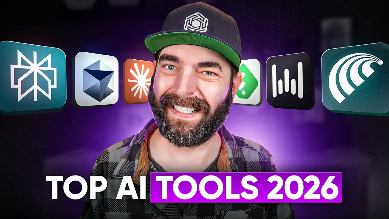 mreflow-style tool stack thumbnail with smiling host and arc of AI app icons