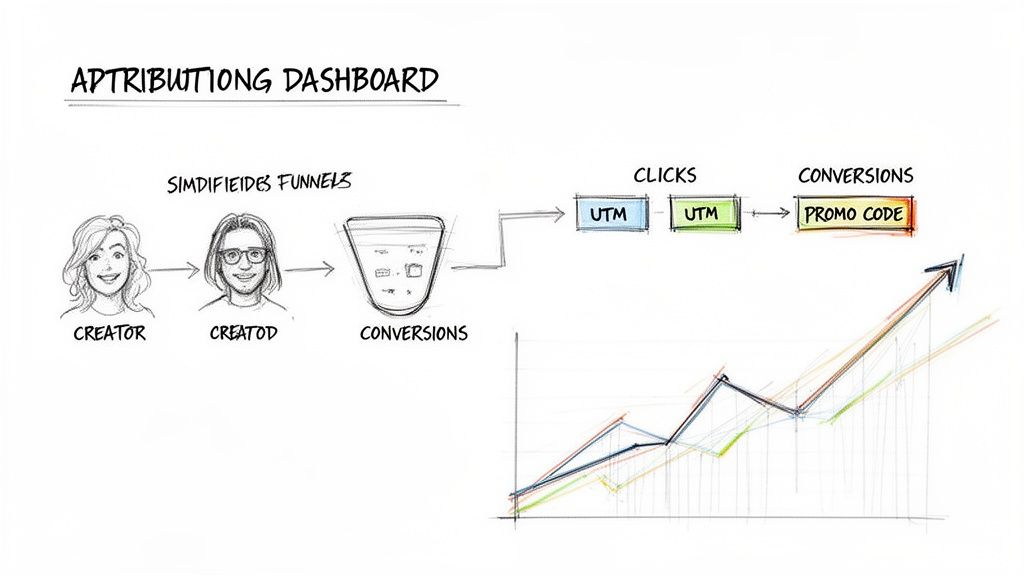 Attribution dashboard illustrating marketing funnels from creators to UTM clicks and promo code conversions.