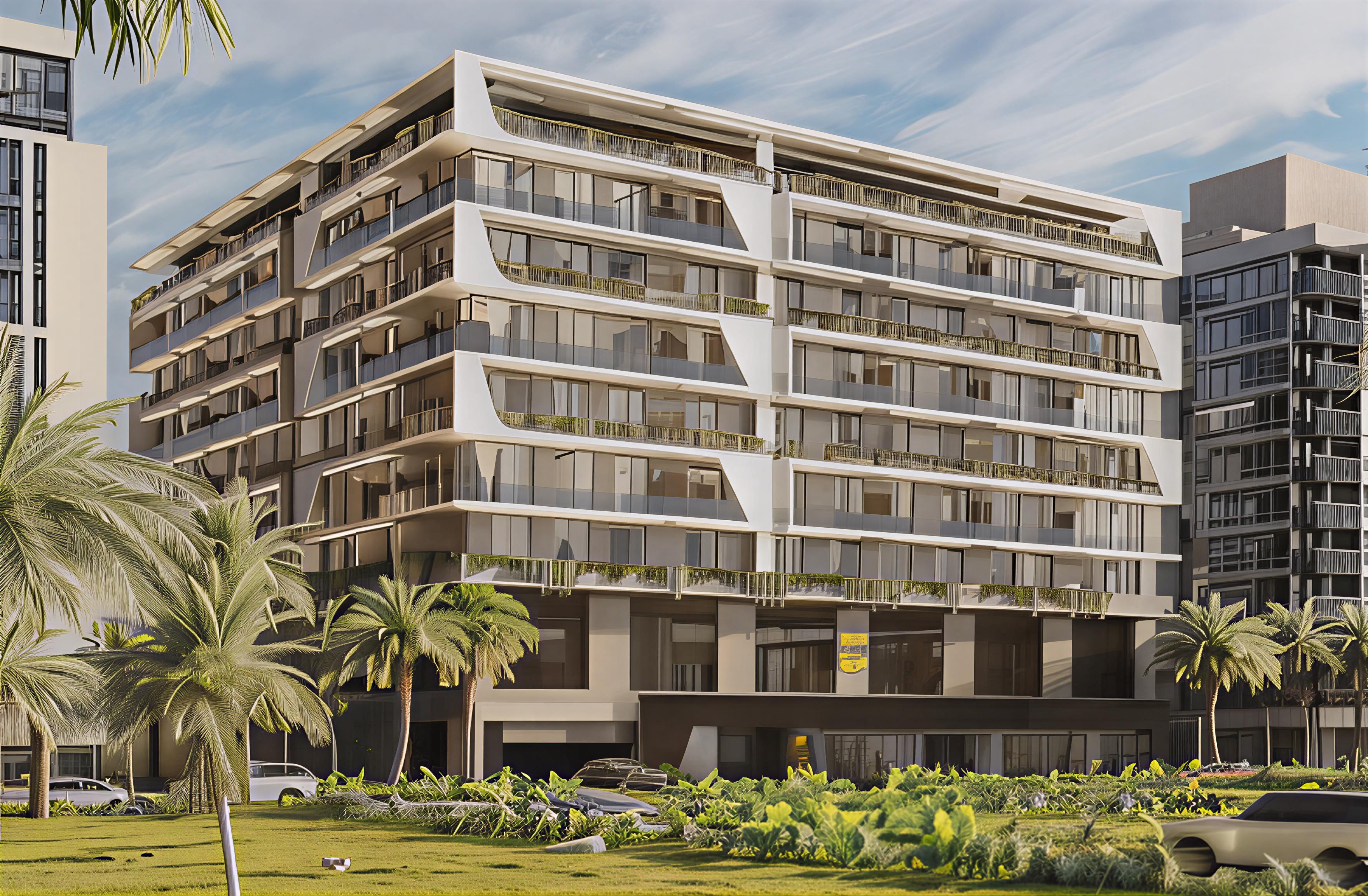 New apartment building named Stellar Axis in Dubai, showcasing modern architecture against a clear blue sky.