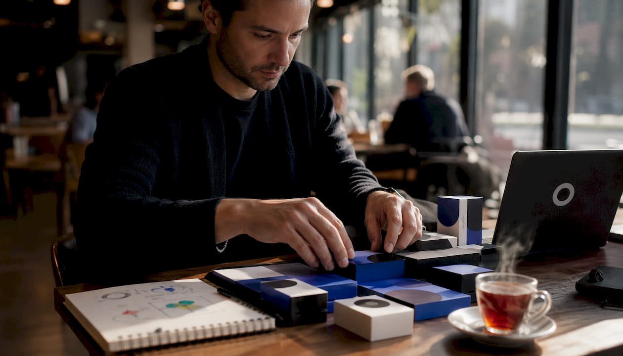 Hands arranging branded house product samples