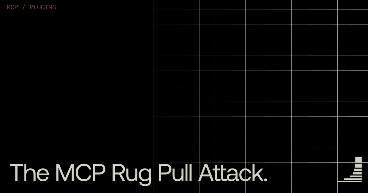 Black blog cover image with subtle grid pattern. Category label reads "MCP / SECURITY" in the upper left. Large headline text reads "The MCP Rug Pull Attack." Waxell logo in the bottom right corner.