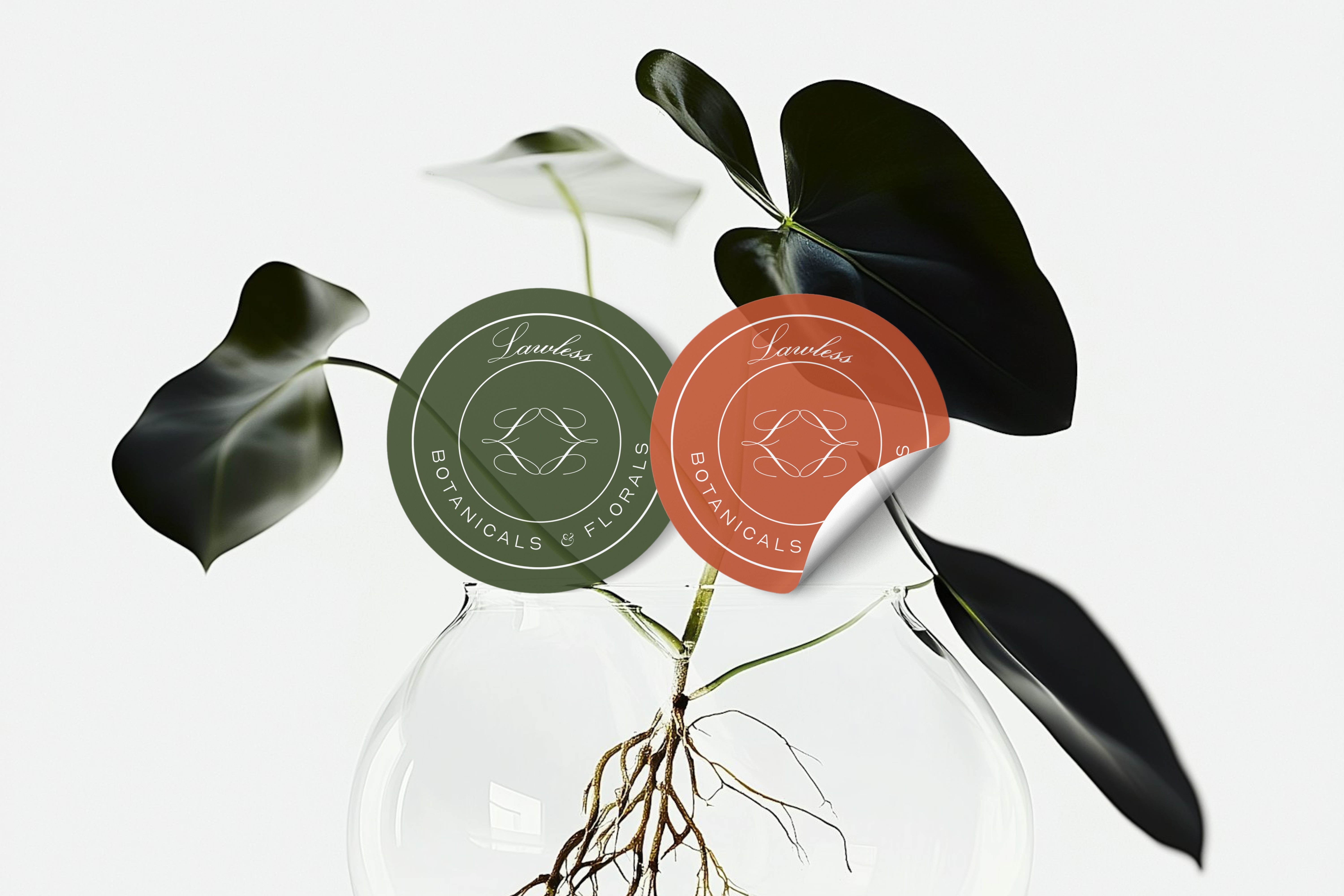 Branded sticker designs for Lawless Botanicals & Florals, placed on a glass vase with natural leaves to emphasize organic elegance.