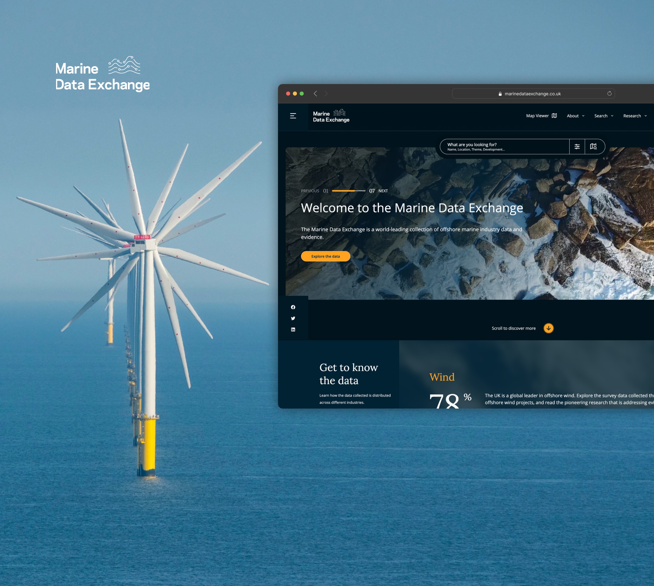Screenshot of The Crown Estate’s Marine Data Exchange homepage and offshore wind turbine, showcasing the redesigned platform for exploring and understanding open marine data.