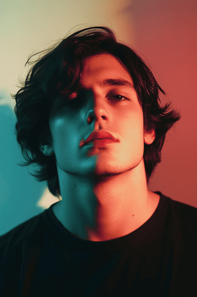 A man with long hair wearing a black shirt stands confidently, showcasing his unique style.