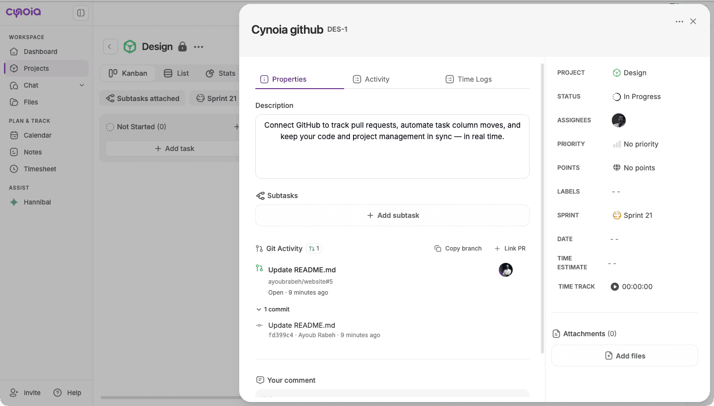 Git Activity panel in a task