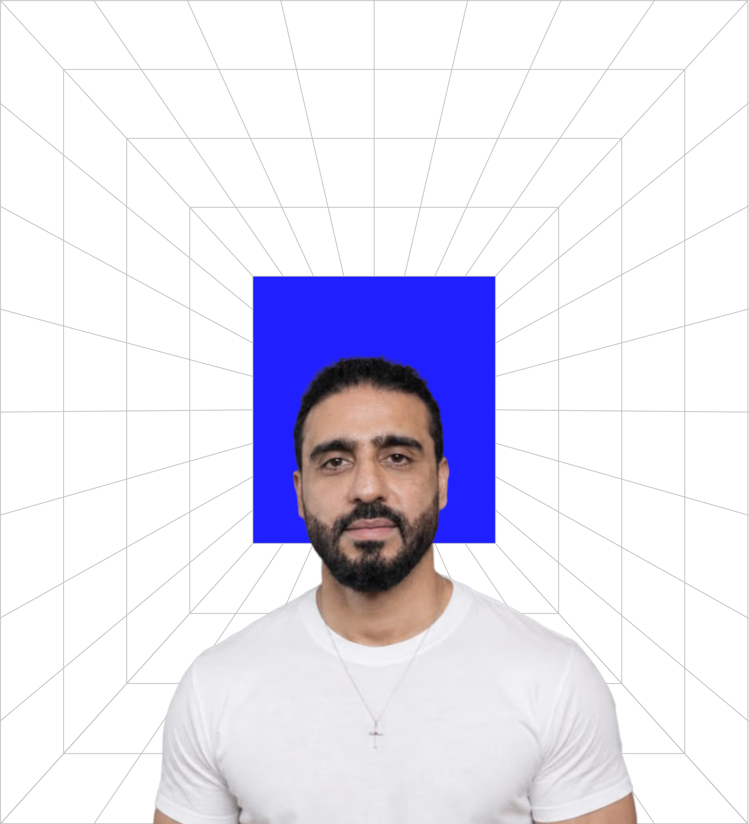 Anto Noval, Chief Creative Officer (CCO) of BMEG, smiling warmly and looking directly at the camera. He is wearing a black hoodie with a blue background block and geometric wireframe backdrop, representing the creative heart and visionary talent of the BMEG agency team.