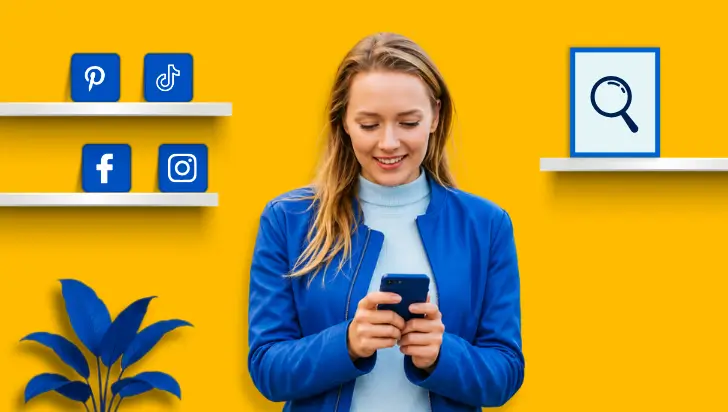 Woman using smartphone for social search optimization with social media icons on yellow backdrop.