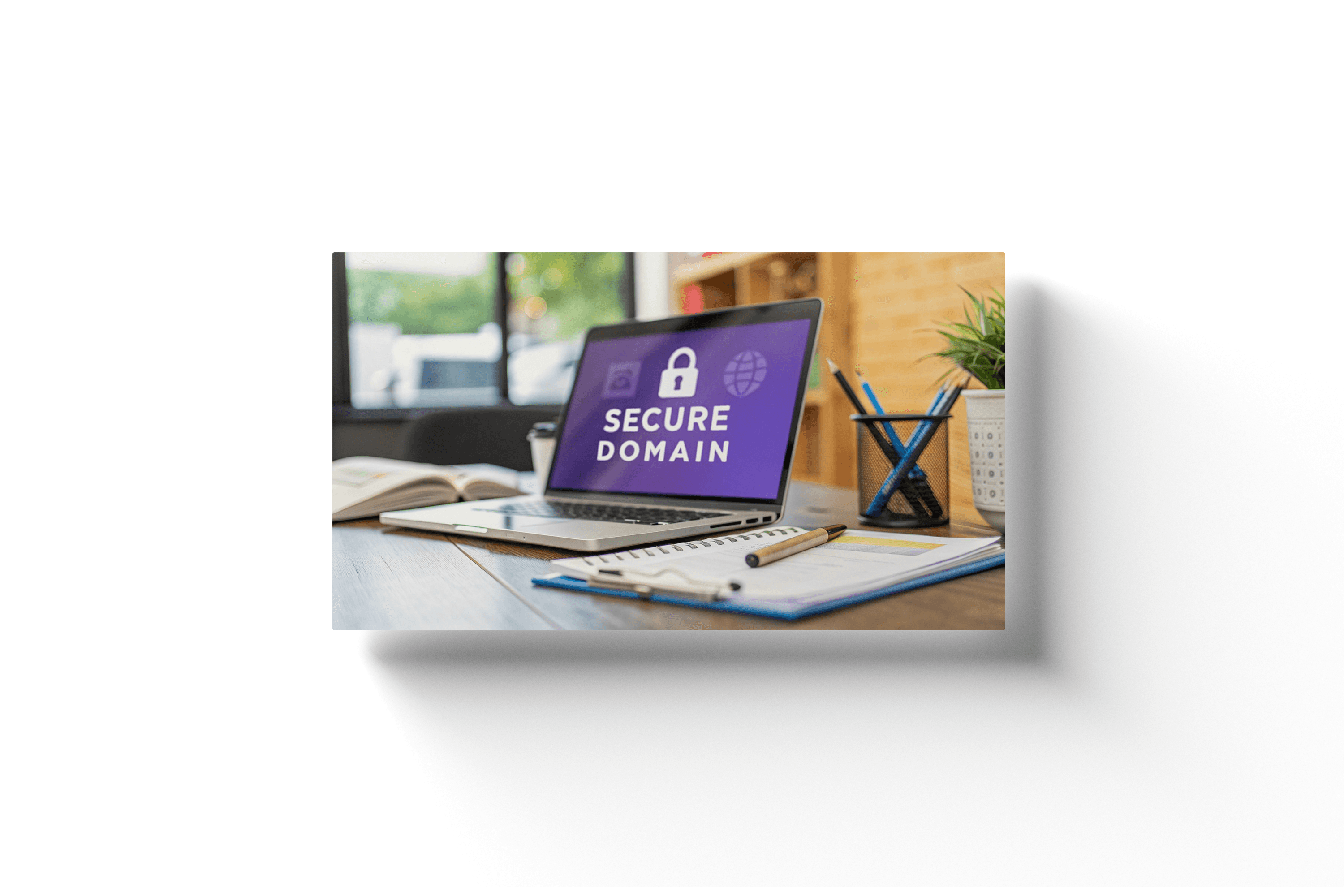 a laptop on a desk with a purple screen showing the text 'secure domain' and a lock icon