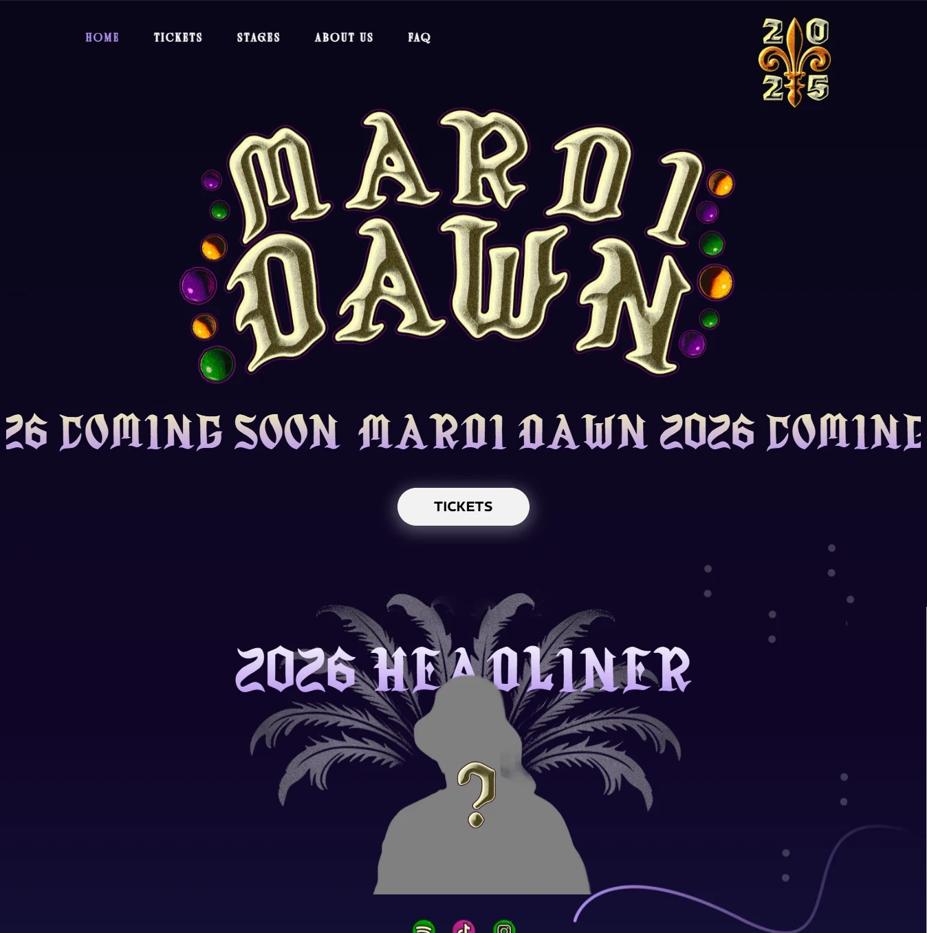 Mardi Dawn website design preview – vibrant event and festival website by RJP.design Web Design Agency NYC, featuring bold typography and creative Mardi Gras-inspired visuals.