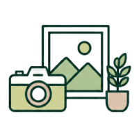 Illustration of a camera, framed scenery, and plant representing photogenic spaces.