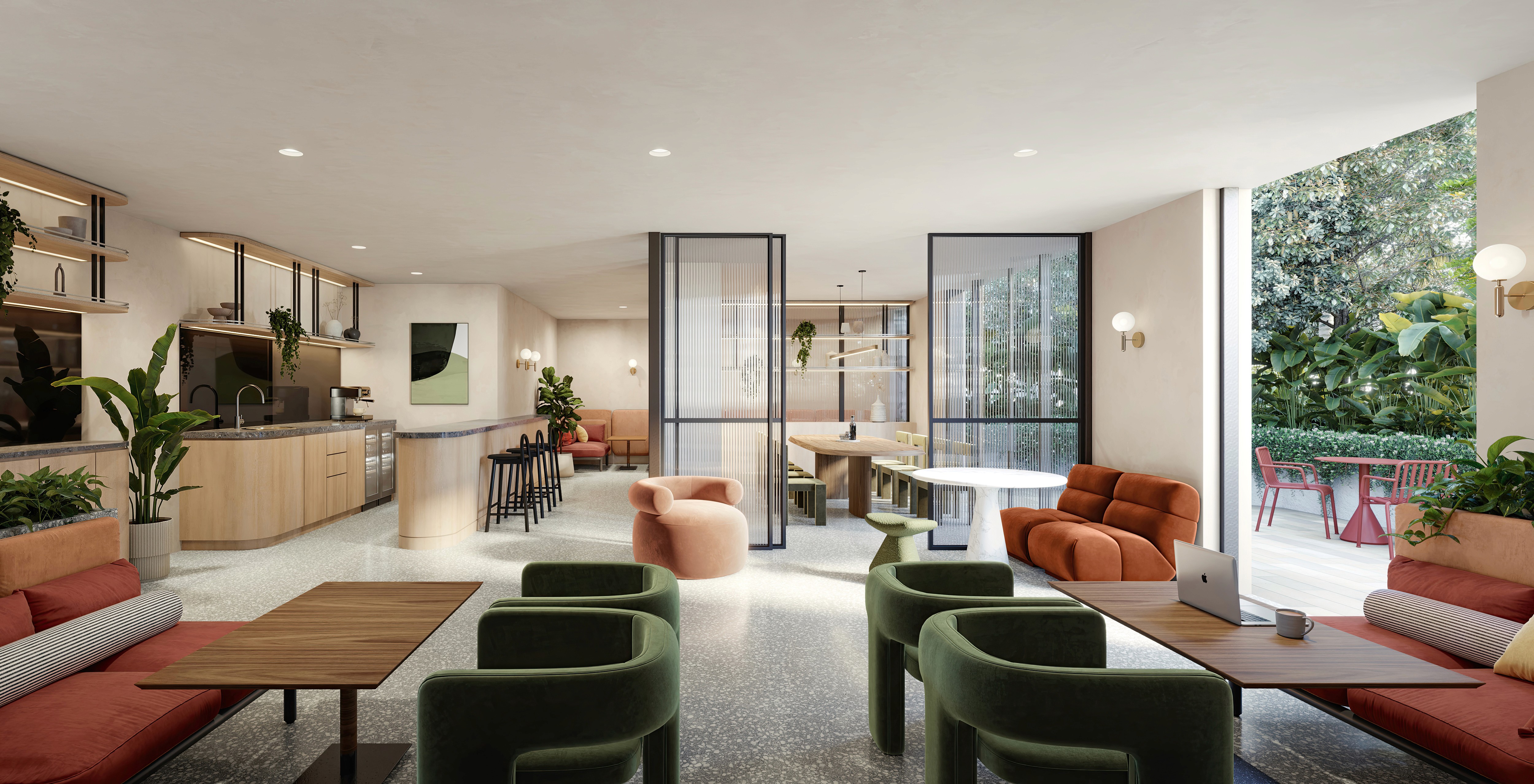 Coposit, Buy with $10K, Off the Plan Sydney. Macquarie Rise residents business lounge featuring modern furniture, open workspaces, and lush garden outlook.